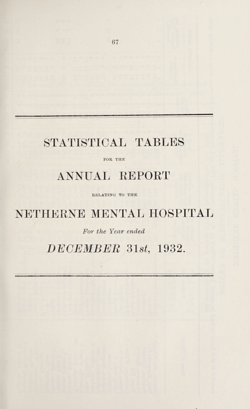 STATISTICAL TABLES FOR THE ANNUAL REPORT RELATING TO THE NETHERNE MENTAL HOSPITAL For the Year ended DECEMBER 31st, 1932.
