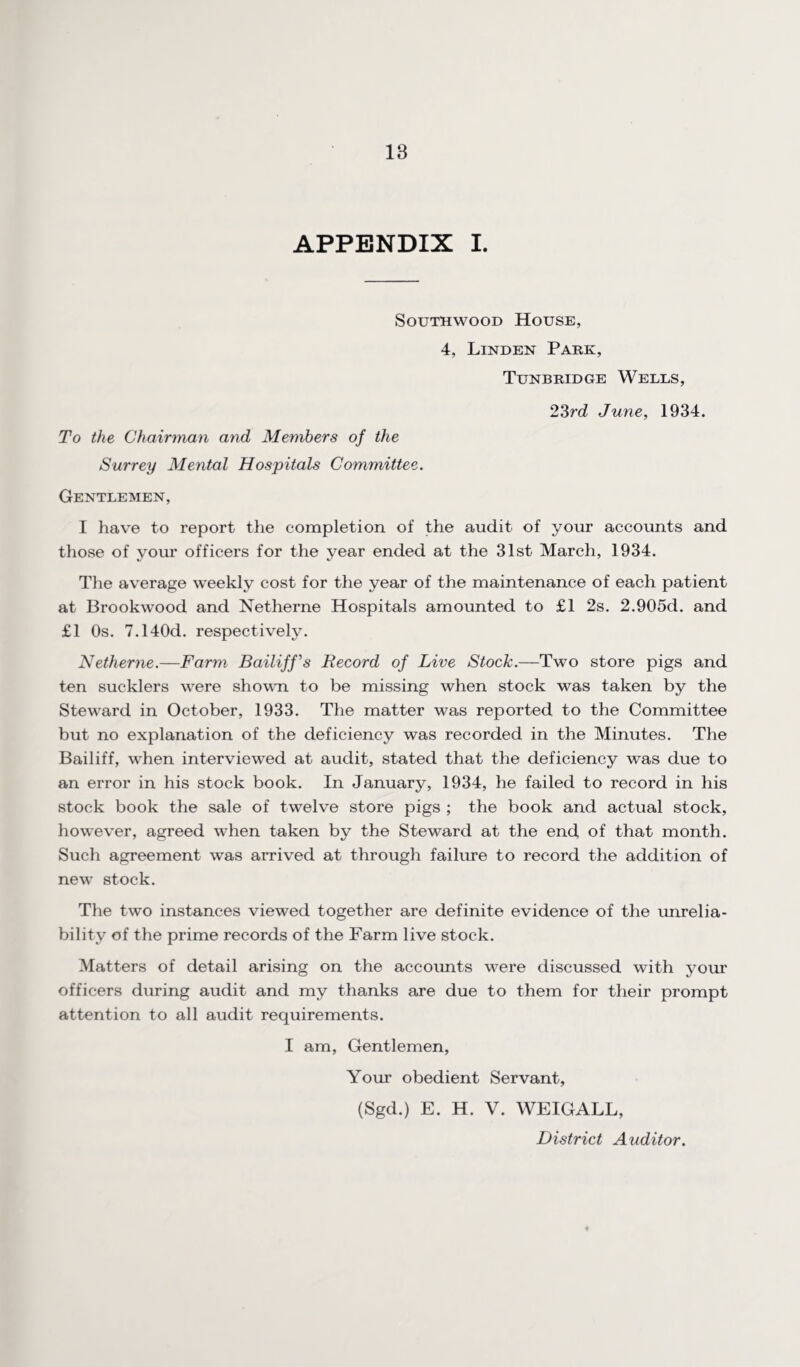 18 APPENDIX I. Southwood House, 4, Linden Park, Tunbridge Welds, 23rd June, 1934. To the Chairman and Members of the Surrey Mental Hospitals Committee. Gentlemen, I have to report the completion of the audit of your accounts and those of your officers for the year ended at the 31st March, 1934. The average weekly cost for the year of the maintenance of each patient at Brookwood and Netherne Hospitals amounted to £1 2s. 2.905d. and £1 Os. 7.140d. respectively. Netherne.—Farm Bailiff's Record of Live Stock.—Two store pigs and ten sucklers were shown to be missing when stock was taken by the Steward in October, 1933. The matter was reported to the Committee but no explanation of the deficiency was recorded in the Minutes. The Bailiff, when interviewed at audit, stated that the deficiency was due to an error in his stock book. In January, 1934, he failed to record in his stock book the sale of twelve store pigs ; the book and actual stock, however, agreed when taken by the Steward at the end of that month. Such agreement was arrived at through failure to record the addition of new stock. The two instances viewed together are definite evidence of the unrelia¬ bility of the prime records of the Farm live stock. Matters of detail arising on the accoimts were discussed with your officers during audit and my thanks are due to them for their prompt attention to all audit requirements. I am, Gentlemen, Your obedient Servant, (Sgd.) E. H. V. WEIGALL, District Auditor.