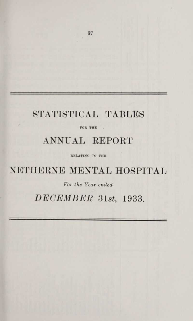 STATISTICAL TABLES FOR THE ANNUAL REPORT RELATING TO THE NETHERNE MENTAL HOSPITAL For the Year ended DECEMBER 31st, 1933.