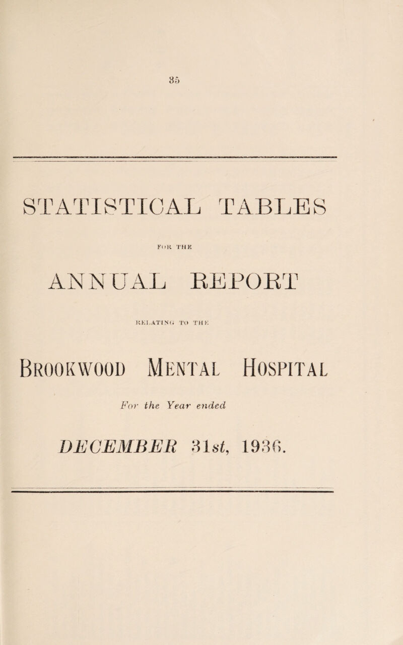 STATISTICAL TABLES FOR THK ANNUAL REPORT RELATING TO THE BROO K WOOD M ENT A L HOSPIT A L For the Year ended DECEMBER 31st, 1930.