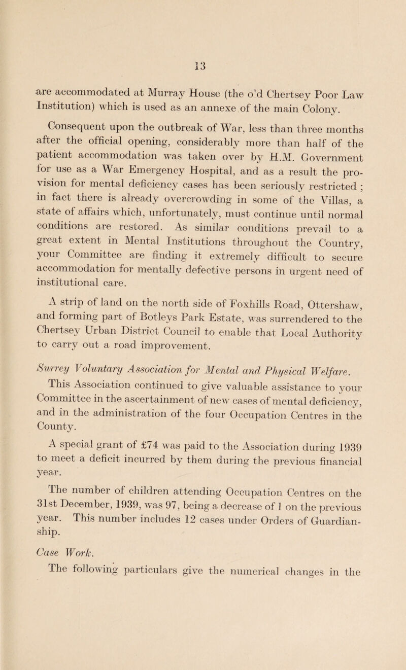 are accommodated at Murray House (the o!d Chertsey Poor Law Institution) which is used as an annexe of the main Colony. Consequent upon the outbreak of War, less than three months after the official opening, considerably more than half of the patient accommodation was taken over by H.M. Government lor use as a War Emergency Hospital, and as a result the pro¬ vision for mental deficiency cases has been seriously restricted ; in fact there is already overcrowding in some of the Villas, a state of affairs which, unfortunately, must continue until normal conditions are restored. As similar conditions prevail to a great extent in Mental Institutions throughout the Country, your Committee are finding it extremely difficult to secure accommodation for mentally defective persons in urgent need of institutional care. A strip of land on the north side of Foxhills Hoad, Ottershaw, and forming part of Botleys Park Estate, was surrendered to the Chertsey Urban District Council to enable that Local Authority to carry out a road improvement. Surrey Voluntary Association for Mental and Physical Welfare. This Association continued to give valuable assistance to your Committee in the ascertainment of new cases of mental deficiency, and in the administration of the four Occupation Centres in the County. A special grant of £/4 was paid to the Association during 1939 to meet a deficit incurred by them during the previous financial year. The number of children attending Occupation Centres on the 31st December, 1939, was 97, being a decrease of 1 on the previous year. This number includes 12 cases under Orders of Guardian¬ ship. Case Work. The following particulars give the numerical changes in the