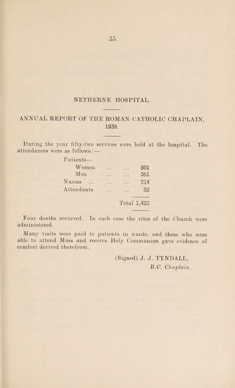 NETHERNE HOSPITAL. ANNUAL REPORT OF THE ROMAN CATHOLIC CHAPLAIN, 1939. During the year fifty-two services were held at the hospital. The attendances were as follows : — Patients— Women ... ... 801 Men 361 214 52 N urses Attendants Total 1,428 Four deaths occurred. In each case the rites of the Church were administered. Many visits were paid to patients in wards, and those who were able to attend Mass and receive Holy Communion gave evidence of comfort derived therefrom. (Signed) J. J. TYNDALL, H.C. Chaplain.