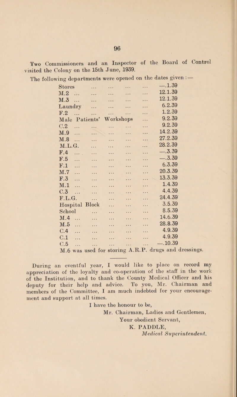 Two Commissioners and an Inspector of the Board of Contiol visited the Colony on the 15th June, 1939. The following departments were opened on the dates given : — Stores —.l.oy M.2 . ■ • • 12.1.39 M.3 . • • • 12.1.39 Laundry . . . 6.2.39 F.2 . • • • 1.2.39 Male Patients’ W orkshops 9.2.39 C.2 . 9.2.39 M.9 . • • • 14.2.39 M.8 . • • • 27.2.39 M.L.G. • ■ • 28.2.39 F.4 ... . ... « • • —.3.39 F.5 . • • • —.3.39 F.l. • • • 6.3.39 M.7 . ... 20.3.39 F.3 . ... 13.3.39 M.l . • • • 1.4.39 C.3 . % • • 4.4.39 F.L.G. • • . 24.4.39 Hospital Block . . . 3.5.39 School . . . 8.5.39 M.4. • • • 14.6.39 M.5 . • • • 28.8.39 C.4 . ... 4.9.39 C.l . • • « ... ... 4.9.39 C.5 . ... —.10.39 M.6 was used for storing A.R.P. drugs and dressings. During an eventful year, I would like to place on record my appreciation of the loyalty and co-operation of the staff in the work of the Institution, and to thank the County Medical Officer and his deputy for their help and advice. To you, Mr. Chairman and members of the Committee, I am much indebted for your encourage¬ ment and support at all times. I have the honour to be, Mr. Chairman, Ladies and Gentlemen, Your obedient Servant, K. PADDLE, Medical Superintendent.