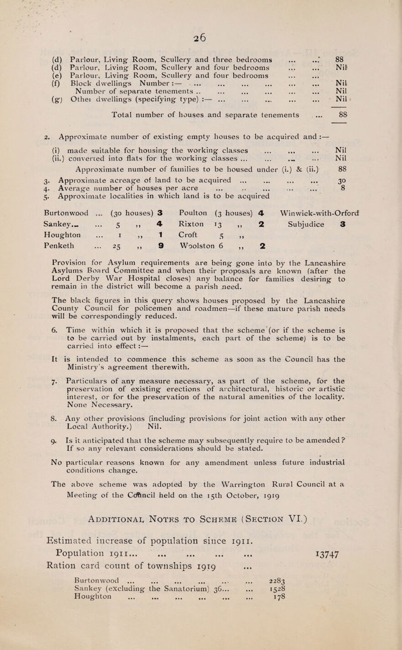 (d) Parlour, Living- Room, Scullery and three bedrooms (d) Parlour, Living Room, Scullery and four bedrooms (e) Parlour, Living Room, Scullery and four bedrooms (f) Block dwellings Number :— Number of separate tenements .. (g) Othei dwellings (specifying- t}'pe) :— ... 88 Nil Nit Nil Nil Total number of houses and separate tenements .... 88 2. Approximate number of existing empty houses to be acquired and :— (i) made suitable for housing the working classes ... ... ... Nil (ii.) converted into flats for the working classes ... ... ... ... Nil Approximate number of families to be housed under (i.) Sc (ii.) 88 3. Approximate acreage of land to be acquired ... ... ... 30 4. Average number of houses per acre ... .. ... ... ... 8 5. Approximate localities in which land is to be acquired Burtonwood Sankey... Houghton Penketh (30 houses) 3 Poulton (3 houses) 4 Winwick-with-Orford 5 1 „ * „ 1 Rixton 13 ,, Croft 5 2 Subjudice 3 25 ,, 9 Woolston 6 ,, 2 Provision for Asylum requirements are being gone into by the Lancashire Asylums Board Committee and when their proposals are known (after the Lord Derby War Hospital closes) any balance for families desiring to remain in the district will become a parish need. The black figures in this query shows houses proposed by the Lancashire County Council for policemen and roadmen—if these mature parish needs will be correspondingly reduced. 6. Time within which it is proposed that the scheme (or if the scheme is to be carried out by instalments, each part of the scheme) is to be carried into effect:— It is intended to commence this scheme as soon as the Council has the Ministry’s agreement therewith. 7. Particulars of any measure necessary, as part of the scheme, for the preservation of existing erections of architectural, historic or artistic interest, or for the preservation of the natural amenities of the locality. None Necessary. 8. Any other provisions (including provisions for joint action with any other Local Authority.) Nil. 9. Is it anticipated that the scheme may subsequently require to be amended? If so any relevant considerations should be stated. 9 No particular reasons known for any amendment unless future industrial conditions change. The above scheme was adopted by the Warrington Rural Council at a Meeting of the Ccfhncil held on the 15th October, 1919 Additional Notes to Scheme (Section VI.) Estimated increase of population since 1911. Population 1911... Ration card count of townships 1919 13747 Burtonwood... 2283 Sankey (excluding the Sanatorium) 36... 1528 Houghton .... 178
