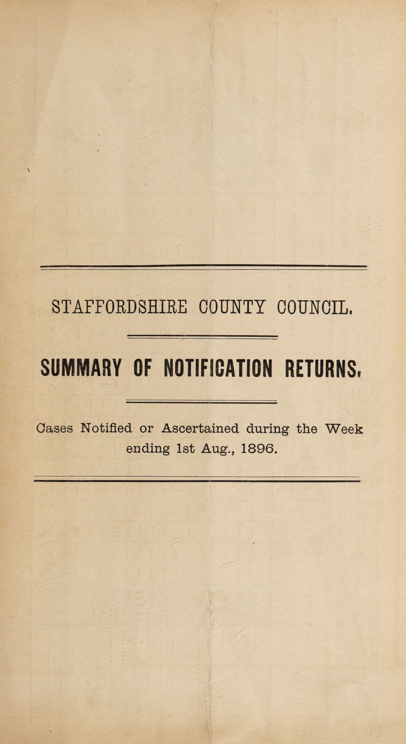 STAFFORDSHIRE COUNTY COUNCIL, SUMMARY OF NOTIFICATION RETURNS. Cases Notified or Ascertained during the Week ending Ist Aug., 1896.