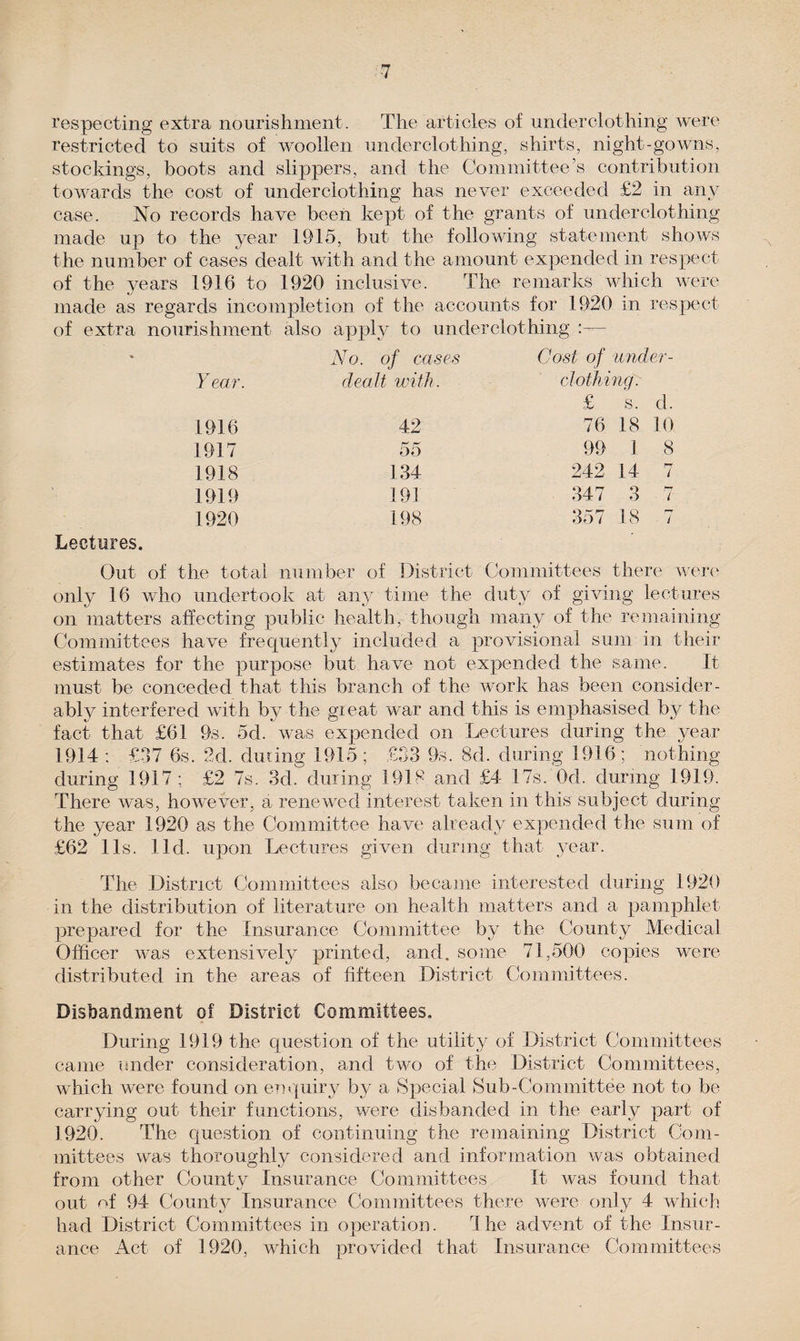 respecting extra nourishment. The articles of underclothing were restricted to suits of woollen underclothing, shirts, night-gowns, stockings, boots and slippers, and the Committee’s contribution towards the cost of underclothing has never exceeded £2 in any case. No records have been kept of the grants of underclothing made up to the year 1915, but the following statement shows the number of cases dealt with and the amount expended in respect of the years 1916 to 1920 inclusive. The remarks which were made as regards incompletion of the accounts for 1920 in respect of extra nourishment also apply to underclothing :— No. of cases Cost of under - Year. dealt with. clothing. £ s. d. 1916 42 76 18 10 1917 55 99 1 8 1918 134 242 14 7 1919 193 347 3 7 1920 198 357 18 7 Lectures. Out of the total number of District Committees there were only 16 who undertook at any time the duty of giving lectures on matters affecting public health, though many of the remaining Committees have frequently included a provisional sum in their estimates for the purpose but have not expended the same. It must be conceded that this branch of the work has been consider¬ ably interfered with by the gieat war and this is emphasised by the fact that £61 9s. 5d. was expended on Lectures during the year 1914 : £37 6s. 2d. during 1915; £33 9s. 8d. during 1916; nothing during 1917; £2 7s. 3d. during 1918 and £4 17s. Ocl. during 1919. There was, however, a renewed interest taken in this subject during the year 1920 as the Committee have already expended the sum of £62 11s. lid. upon Lectures given during that year. The District Committees also became interested during 1920 in the distribution of literature on health matters and a pamphlet prepared for the Insurance Committee by the County Medical Officer was extensively printed, and. some 71,500 copies were distributed in the areas of fifteen District Committees. Disbandment of District Committees. During 1919 the question of the utility of District Committees came under consideration, and two of the District Committees, which were found on enquiry by a Special Sub-Committee not to be carrying out their functions, were disbanded in the early part of 1920. The question of continuing the remaining District Com¬ mittees was thoroughly considered and information was obtained from other Countv Insurance Committees It was found that out of 94 County Insurance Committees there were only 4 which had District Committees in operation. 4he advent of the Insur¬ ance Act of 1920, which provided that Insurance Committees
