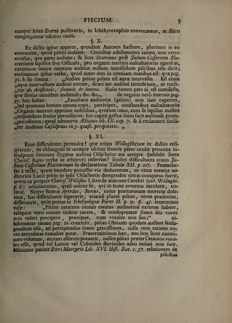 cuuqve hora diurna putfbyeris, in Ichthyotrophio convocantur, ac iilico congregantur cibatus cauiii. §. X. . Ex didlis igitur apparet, qvosdam Autores hsEtare, plurimos in eo convenire, qvod pifces audiant. Omnibus nihilominus tamen non certo conflat, qva parte audiant; & licet Severims poft Julium CaJJerium Pia- tentinum lapillos five O/Ticula, pro organis internis aufcultatoriis agnofcat, externum tamen meatum auditus nullum manifeftum pifcibus cfle dicit; retineamus iplius verba, qvod autor non in omnium manibus eft: qvatp^^. J2. b. fic Ibnant: „Audire pilees palam efl aqvae intervallo. Eli enim „aqva intervallum auditui eorum, licuri aer auditui terreftrium, ut tradi- „tur ab Arijftotele^ fecundo de Anima. Nulla tamen pars ei ell manifefla, qvje fenilis minirtret audiendi; (Stc. &c.„ de organis vero internis hjEC habet: „Facultaris auditorias (pilees) non lunt expertes, „red qvantum horum natura capit, participes, conflantibus aufcultatoriis „Organis internis apprime nobilibus, qvorum unus, cum Iit lapillus malleo 5,refpohdens fenilis perculTorio, hic capite gellus luam facit auaieiKli prom- „ptitudinem; qvod adnotavit Mlianus lib. IX. cap. 7, & li reclamarit futilL- „ter Andreas Caefalpinus iny. qv^efi. peripatetic. 5^ §. XI. . Ecce difficultates permultas l qvas- etiam Willughbejmn in dubio reli- qverunt, an oblongum in utraqve ultima frontis parte oculis proxima in- fculptum foramen Zygatnas auditui Olfaduive aut utriqve (addidit forte Clarisf Kajus verba ut arbitror) inferviat.^ limiles difficultates etiam .lium CaJJerium Placentinum in declaratione Tabula XIL p. 2/7, Pentsethe- feiaredla, qvam incedere potuiffet via deduxerunt, ut circa meatus au¬ ditorios Lucii pifeis in iplis Olfadioriis detegendos nimis occupatus fuerit, qvem ca propter Clarisf. WiUifius Libro de anatorae Cerebri (un/. Willughc. p. (f.) nominctenus, qvali unicus fit, qvi in hunc errorem inciderit, no¬ tavit. Neqve Beatus Artedtis ^ Sueeus., cujus pratmaturam mortem' dole¬ mus, has difficultates fuperavit, etiamfi plures pilees, vivos prtelertim, dilTecuerit, qvin potius in Jchthyologta Parte II. p. ic). §. lententiam tulit: „Pifces cetaceos omnes meatus auditorios externe habere, teliquos vero omnes iisdem carere, & conleqventer fonos feu voces non videri percipere , praecipue, cum vocales non fint;“ ni¬ hilominus tamen pag. lo, concedit, pifces Oblcuro qvodam auditus fenfu- prxditos eflfe, ad percipiendos fonos graviffimos, nulla vero ratione vo¬ ces articulatas exaudire putata Praetermittimus haec, nec hoc loco exami¬ nare volumus , an tuto alTerere potuerit, nullos pifces jpraeter Cetaceos voca¬ les elTe, qvod vel Lamiae vel Cobitides fluviatiles aefeo infoni non funt. Mittimus paxltet Petri Martyris Lib. XVI. Hifi^ Nat. c.jy. relationem de pifcibus