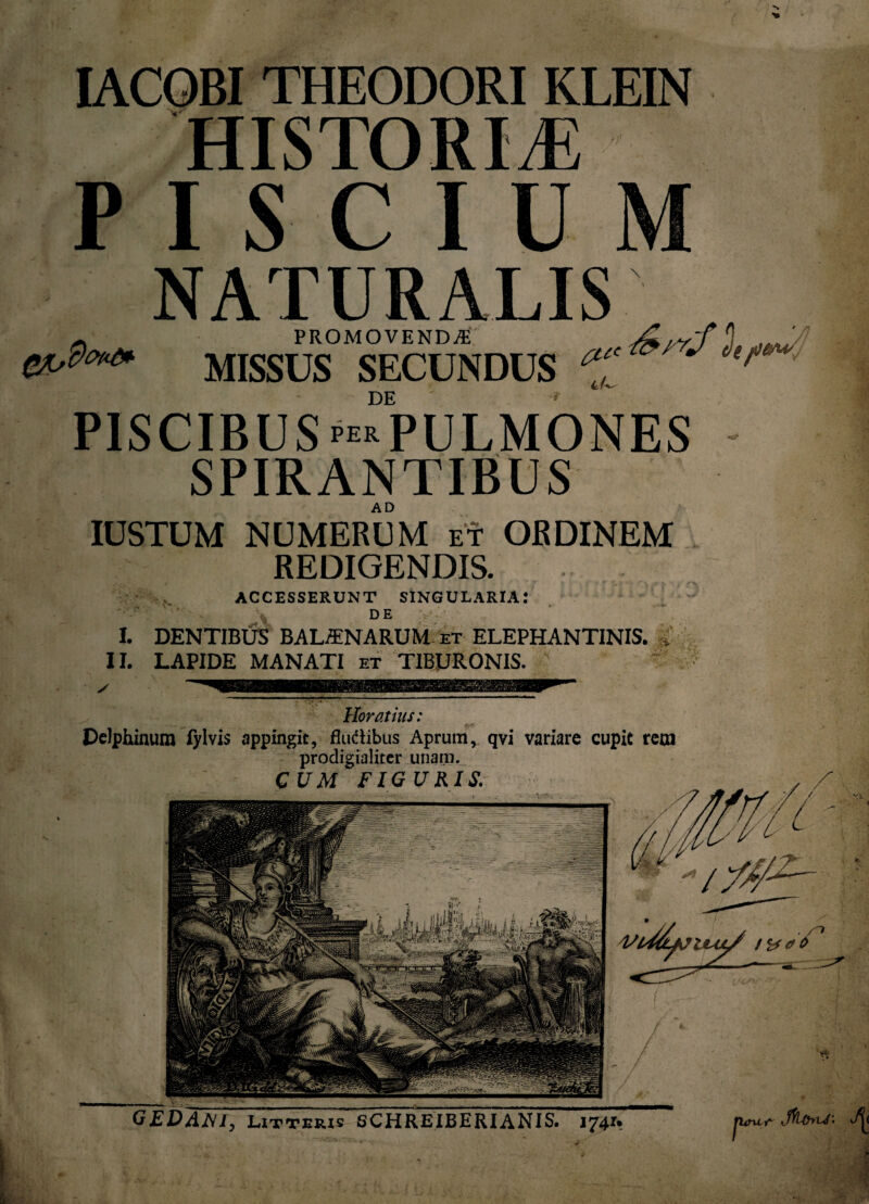 IACOBI THEODORI KLEIN HISTORIA) P I S C I U \ NATURALIS PROMOVENDA 1 MISSUS SECUNDUS  DE acc lU e */} PISCIBUS p**PULMONES SPIRANTIBUS IUSTUM NUMERUM et ORDINEM REDIGENDIS. BlVniTm) j» T .Vf , - ^ • ... ■ * v) ’ \ * jt , i*-’ ACCESSERUNT SINGULARIA: DE I. DENTIBUS BALAENARUM et ELEPHANTINIS. * II. LAPIDE MANATI et TIBURONIS. / Horatius: Delphinum fylvis appingit, flu&ibus Aprum, qvi variare cupit rem prodigialiter unam. CUM FIGURIS. A.— .. . j <tf a i> i* GEDAJNI, Litteris SCHREIBERIANIS. 1741. JUnx-f Jfl&yW'