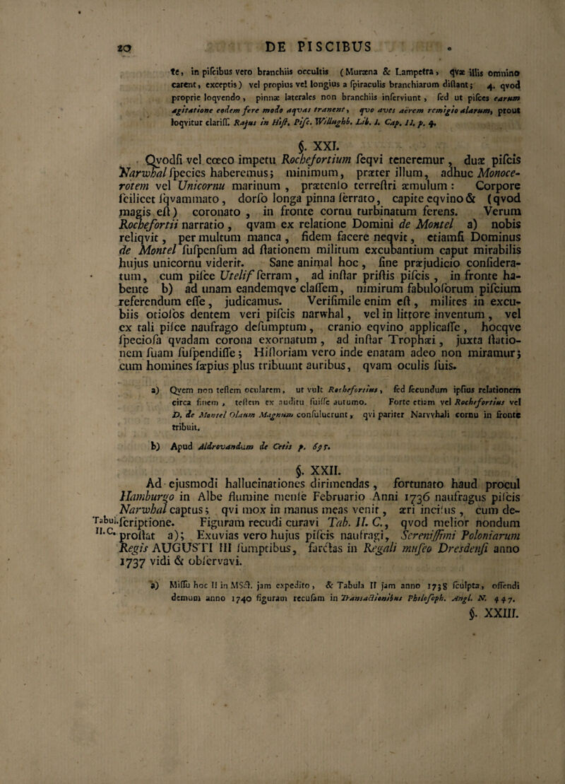 te, in pifcibus vero branchiis occultis (Muraena & Lampetra > qvae \lUs omnino carent, exceptis) vel propius vel longius a fpiraculis branchiarum diftant; 4. qvod proprie loqvendo, pinnae laterales non branchiis inferviunt , fed ut pilees earum agitatione eodem fere modo aqvas tranent, qvo aves aerem remigio alarum, prout loqvitur clarifT. Rajas in Hift, pife. W/UughL L/l. 1, Cap. 11, p. 4. §. XXL Qvodfi vel cceco impetti Rochejortium feqvi teneremur , duse pifeis Narwhalfpecies haberemus; minimum, praeter illum, adhuc Monoce¬ rotem vel Unicornu marinum , praetenlo terreftri imulum : Corpore fcilicet iqvammato, dorfo longa pinna (errato, capite cqvino& (qvod magis eii ) coronato , in fronte cornu turbinatum ferens. Verum Rockefortii narratio , qvam ex relatione Domini de Montel a) nobis reliqvit, per multum manca , fidem facere neqvit, etiamfi Dominus de Montel fufpenfum ad fiationem militum excubantium caput mirabilis hujus unicornu viderit. Sane animal hoc , fine praejudicio confidera- tum, cum pifce UtelifCcrram, ad infiar prifiis pifeis , in fronte ha¬ bente b) ad unam eandemqve clalfem, nimirum fabuloforum pifeium referendum efie, judicamus. Verifimile enim eft , milites in excu¬ biis otioios dentem veri pifeis narwhal, vel in littore inventum , vel ex tali pifce naufrago defumptum, cranio eqvino applicafie, hocqve fpeciofa qvadam corona exornatum , ad infiar Trophxi, juxta fiatio¬ nem fuam fufpendifle; Hifioriam vero inde enatam adeo non miramur 5 cum homines fstpius plus tribuunt auribus, qvam oculis luis. a) Qvem non tefiem ocularem, ut vult Rtthrfortists, fed fecundum ipfius relationem circa finem , tellem ex auditu fui!Te autumo. Forte etiam vel Rochufortius vel D. de Montel olaam Magnum confuluerunt, qvi pariter NarvvhaJi cornu in fronte tribuit. b) Apud Aidreva/tdum de Cetis f. 6$ r. §. XXII. Ad ejusmodi hallucinationes dirimendas , fortunato haud procul llamburgo in Albe flumine mcnle Februario Anni 1736 naufragus pileis Narwhal captus > qvi mox in manus meas venit, aeri incifus , cum de- Tabui.jmptjone. Figuram recudi curavi Tah. II. C., qvod melior nondum II,C* proflat a); Exuvias vero hujus pifeis naufragi, Screnijfhni Polo niarum Regis AUGUSTI 111 fumptibus, farcias in Regali mufeo Dresdenfi anno 1737 vidi & oblervavi. a) Miflu hoc II in MSA. jam expedito, & Tabula IT jam anno 1738 Iculpta, offendi demum anno 1740 figuram recufam in TYansacltcnilus Phtlcfcph. Angi. N. 44.7. §. XXIII. )