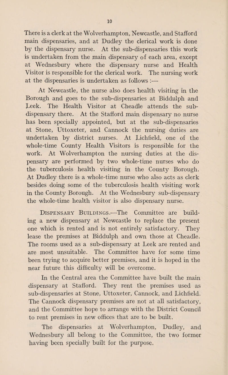 There is a clerk at the Wolverhampton, Newcastle, and Stafford main dispensaries, and at Dudley the clerical work is done by the dispensary nurse. At the sub-dispensaries this work is undertaken from the main dispensary of each area, except at Wednesbury where the dispensary nurse and Health Visitor is responsible for the clerical work. The nursing work at the dispensaries is undertaken as follows :—- At Newcastle, the nurse also does health visiting in the Borough and goes to the sub-dispensaries at Biddulph and Leek. The Health Visitor at Cheadle attends the sub¬ dispensary there. At the Stafford main dispensary no nurse has been specially appointed, but at the sub-dispensaries at Stone, Uttoxeter, and Cannock the nursing duties are undertaken by district nurses. At Lichfield, one of the whole-time County Health Visitors is responsible for the work. At Wolverhampton the nursing duties at the dis¬ pensary are performed by two whole-time nurses who do the tuberculosis health visiting in the County Borough. At Dudley there is a whole-time nurse who also acts as clerk besides doing some of the tuberculosis health visiting work in the County Borough. At the Wednesbury sub-dispensary the whole-time health visitor is also dispensary nurse. Dispensary Buildings.'—The Committee are build¬ ing a new dispensary at Newcastle to replace the present one which is rented and is not entirely satisfactory. They lease the premises at Biddulph and own those at Cheadle. The rooms used as a sub-dispensary at Leek are rented and are most unsuitable. The Committee have for some time been trying to acquire better premises, and it is hoped in the near future this difficulty will be overcome. In the Central area the Committee have built the main dispensary at Stafford. They rent the premises used as sub-dispensaries at Stone, Uttoxeter, Cannock, and Lichfield. The Cannock dispensary premises are not at all satisfactory, and the Committee hope to arrange with the District Council to rent premises in new offices that are to be built. The dispensaries at Wolverhampton, Dudley, and Wednesbury all belong to the Committee, the two former having been specially built for the purpose.