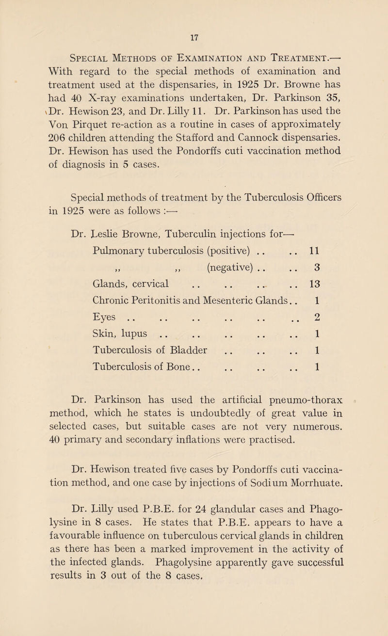 Special Methods of Examination and Treatment.—• With regard to the special methods of examination and treatment used at the dispensaries, in 1925 Dr. Browne has had 40 X-ray examinations undertaken, Dr. Parkinson 35, \Dr. Hewison 23, and Dr. Lilly 11. Dr. Parkinson has used the Von Pirquet re-action as a routine in cases of approximately 206 children attending the Stafford and Cannock dispensaries. Dr. Hewison has used the Pondorffs cuti vaccination method of diagnosis in 5 cases. Special methods of treatment by the Tuberculosis Officers in 1925 were as follows :•—• Dr. Leslie Browne, Tuberculin injections for'—• Pulmonary tuberculosis (positive) .. .. 11 ,, ,, (negative) .. .. 3 Glands, cervical .. .. .. .. 13 Chronic Peritonitis and Mesenteric Glands.. 1 Eyes .. .. .. .. .. .. 2 Skin, lupus .. .. .. .. .. 1 Tuberculosis of Bladder .. .. .. 1 Tuberculosis of Bone.. .. .. .. 1 Dr. Parkinson has used the artificial pneumo-thorax method, which he states is undoubtedly of great value in selected cases, but suitable cases are not very numerous. 40 primary and secondary inflations were practised. Dr. Hewison treated five cases by Pondorffs cuti vaccina¬ tion method, and one case by injections of Sodium Morrhuate. Dr. Lilly used P.B.E. for 24 glandular cases and Phago- lysine in 8 cases. He states that P.B.E. appears to have a favourable influence on tuberculous cervical glands in children as there has been a marked improvement in the activity of the infected glands. Phagolysine apparently gave successful results in 3 out of the 8 cases.
