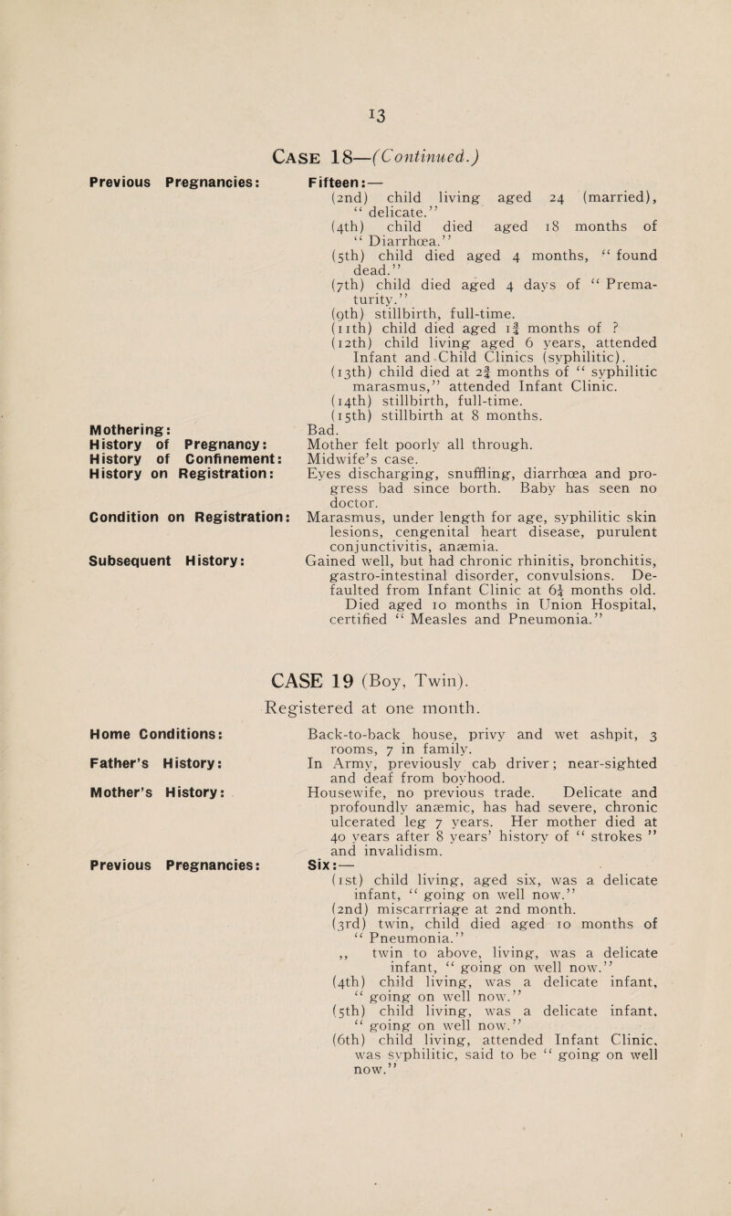 Case 18—(Continued.) Previous Pregnancies: Mothering: History of Pregnancy: History of Confinement: History on Registration: Condition on Registration: Subsequent History: Fifteen: — (2nd) child living- aged 24 (married), “ delicate.” (4th) child died aged 18 months of “ Diarrhoea.” (5th) child died aged 4 months, “ found dead.” (7th) child died aged 4 days of “ Prema¬ turity.” (gth) stillbirth, full-time. (nth) child died aged if months of ? (12th) child living aged 6 years, attended Infant and Child Clinics (syphilitic). (13th) child died at 2f months of “ syphilitic marasmus,” attended Infant Clinic. (14th) stillbirth, full-time. (15th) stillbirth at 8 months. Bad. Mother felt poorly all through. Midwife’s case. Eyes discharging, snuffling, diarrhoea and pro¬ gress bad since borth. Baby has seen no doctor. Marasmus, under length for age, syphilitic skin lesions, cengenital heart disease, purulent conjunctivitis, anaemia. Gained well, but had chronic rhinitis, bronchitis, gastro-intestinal disorder, convulsions. De¬ faulted from Infant Clinic at 6* months old. Died aged 10 months in Union Hospital, certified “ Measles and Pneumonia.” CASE 19 (Boy, Twin). Registered at one month. Back-to-back house, privy and wet ashpit, 3 rooms, 7 in family. In Army, previously cab driver; near-sighted and deaf from boyhood. Housewife, no previous trade. Delicate and profoundly anaemic, has had severe, chronic ulcerated leg 7 years. Her mother died at 40 years after 8 years’ history of 11 strokes ” and invalidism. Previous Pregnancies: Six:— (1st) child living, aged six, was a delicate infant, “ going on well now.” (2nd) miscarrriage at 2nd month. (3rd) twin, child died aged 10 months of “ Pneumonia.” ,, twin to above, living, was a delicate infant, “ going on well now.” (4th) child living, was a delicate infant, “ going on well now.” (5th) child living, was a delicate infant, “ going on well now.” (6th) child living, attended Infant Clinic, was syphilitic, said to be “ going on well now.” Home Conditions: Father’s History: Mother’s History: