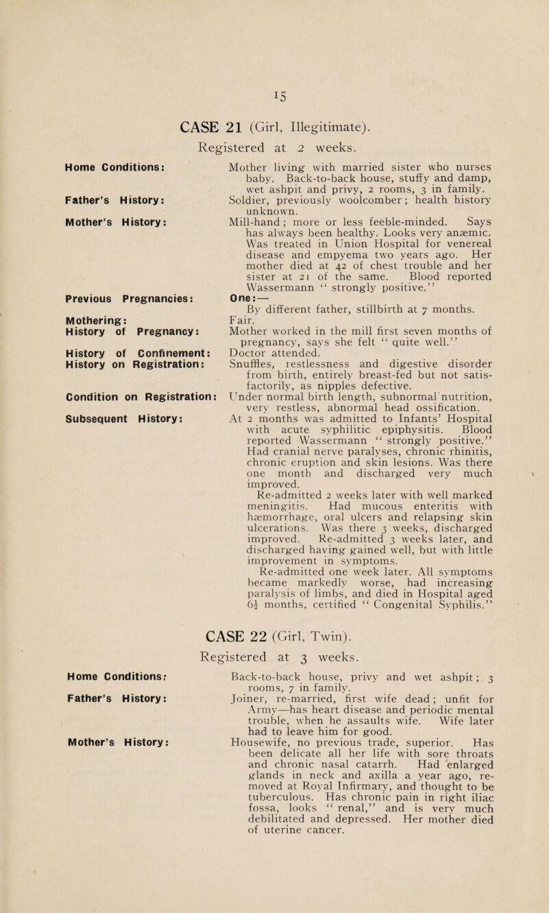 CASE 21 (Girl, Illegitimate). Registered at 2 weeks. Home Conditions: Father’s History: Mother’s History: Previous Pregnancies: Mothering: History of Pregnancy: History of Confinement: History on Registration: Condition on Registration: Subsequent History: Mother living with married sister who nurses baby. Back-to-back house, stuffy and damp, wet ashpit and privy, 2 rooms, 3 in family. Soldier, previously woolcomber; health history unknown. Mill-hand; more or less feeble-minded. Says has always been healthy. Looks very anaemic. Was treated in Union Hospital for venereal disease and empyema two years ago. Her mother died at 42 of chest trouble and her sister at 21 of the same. Blood reported Wassermann “ strongly positive.” One: — By different father, stillbirth at 7 months. F air. Mother worked in the mill first seven months of pregnancy, says she felt “ quite well.” Doctor attended. Snuffles, restlessness and digestive disorder from birth, entirely breast-fed but not satis¬ factorily, as nipples defective. Lender normal birth length, subnormal 'nutrition, very restless, abnormal head ossification. At 2 months was admitted to Infants’ Hospital with acute syphilitic epiphysitis. Blood reported Wassermann “ strongly positive.” Had cranial nerve paralyses, chronic rhinitis, chronic eruption and skin lesions. Was there one month and discharged very much improved. Re-admitted 2 weeks later with well marked meningitis. Had mucous enteritis with haemorrhage, oral ulcers and relapsing skin ulcerations. Was there 3 weeks, discharged improved. Re-admitted 3 weeks later, and discharged having gained well, but with little improvement in symptoms. Re-admitted one week later. All symptoms became markedly worse, had increasing paralysis of limbs, and died in Hospital aged 61 months, certified “ Congenital Syphilis.” Home Conditions; Father’s History: Mother’s History: CASE 22 (Girl, Twin). Registered at 3 weeks. Back-to-back house, privy and wet ashpit; 3 rooms, 7 in family. Joiner, re-married, first wife dead ; unfit for Army—has heart disease and periodic mental trouble, when he assaults wife. Wife later had to leave him for good. Housewife, no previous trade, superior. Has been delicate all her life with sore throats and chronic nasal catarrh. Had enlarged glands in neck and axilla a year ago, re¬ moved at Royal Infirmary, and thought to be tuberculous. Has chronic pain in right iliac fossa, looks “ renal,” and is very much debilitated and depressed. Her mother died of uterine cancer.