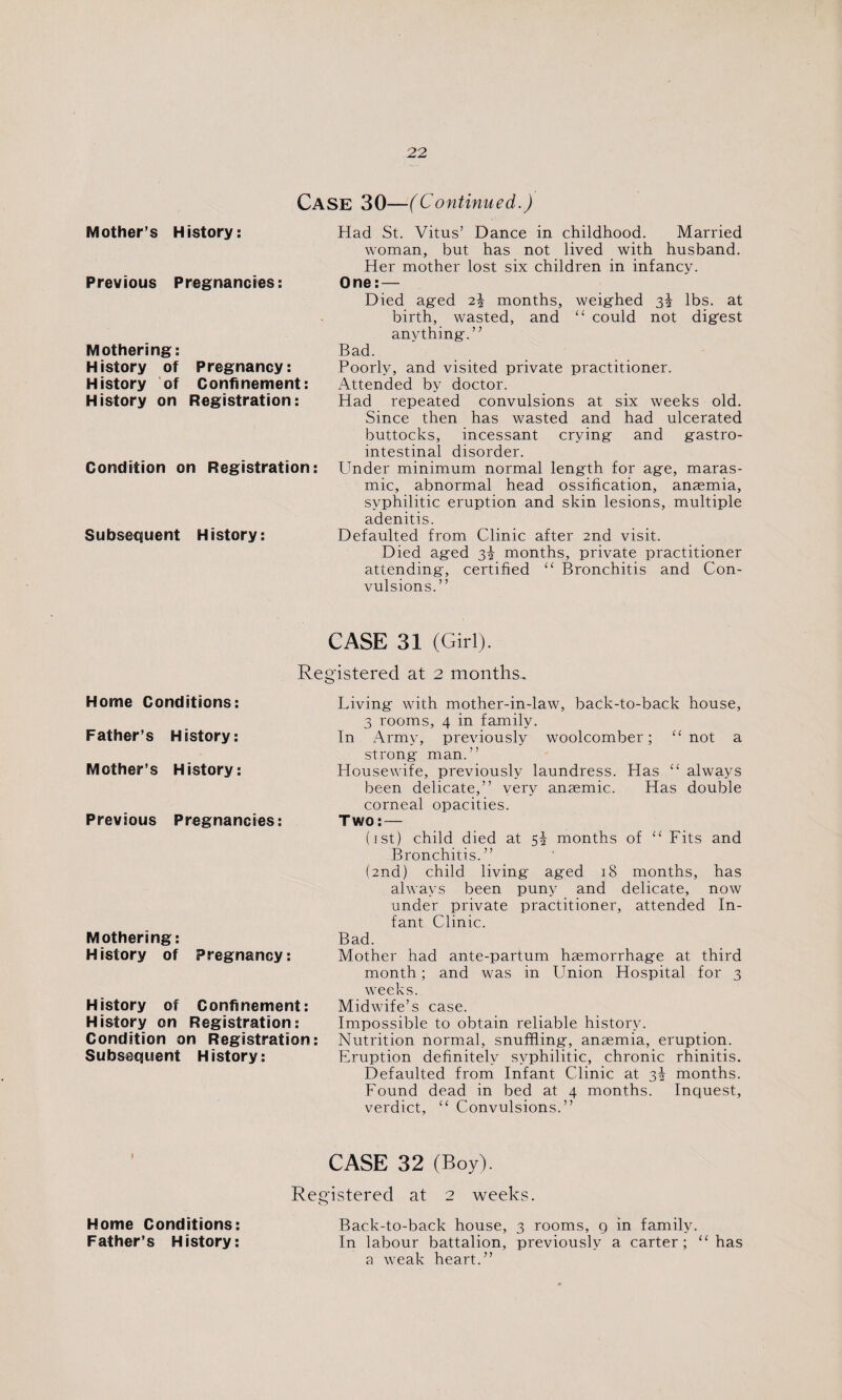 Case 30—(Continued.) Had St. Vitus’ Dance in childhood. Married woman, but has not lived with husband. Her mother lost six children in infancy. One: — Died aged months, weighed 3^ lbs. at birth, wasted, and “ could not digest anything.” Bad. Poorly, and visited private practitioner. Attended by doctor. Had repeated convulsions at six weeks old. Since then has wasted and had ulcerated buttocks, incessant crying and gastro¬ intestinal disorder. Condition on Registration: Under minimum normal length for age, maras- mic, abnormal head ossification, anaemia, syphilitic eruption and skin lesions, multiple adenitis. Subsequent History: Defaulted from Clinic after 2nd visit. Died aged 3^ months, private practitioner attending, certified “ Bronchitis and Con¬ vulsions.” Mother’s History: Previous Pregnancies: Mothering: History of Pregnancy: History of Confinement: History on Registration: CASE 31 (Girl). Registered at 2 months.. Home Conditions: Father’s History: Mother’s History: Previous Pregnancies: Mothering: History of Pregnancy: History of Confinement: History on Registration: Condition on Registration: Subsequent History: Living with mother-in-law, back-to-back house, 3 rooms, 4 in family. In Army, previously woolcomber; “ not a strong man.” Housewife, previously laundress. Has “ always been delicate,” very anaemic. Has double corneal opacities. Two: — (1st) child died at 5^ months of “ Fits and Bronchitis.” (2nd) child living aged 18 months, has always been puny and delicate, now under private practitioner, attended In¬ fant Clinic. Bad. Mother had ante-partum haemorrhage at third month; and was in Union Hospital for 3 weeks. Midwife’s case. Impossible to obtain reliable history. Nutrition normal, snuffling, anaemia, eruption. Eruption definitely syphilitic, chronic rhinitis. Defaulted from Infant Clinic at 3! months. Found dead in bed at 4 months. Inquest, verdict, “ Convulsions.” Home Conditions: Father’s History: CASE 32 (Boy). Registered at 2 weeks. Back-to-back house, 3 rooms, q in family. In labour battalion, previously a carter; “has a weak heart.”
