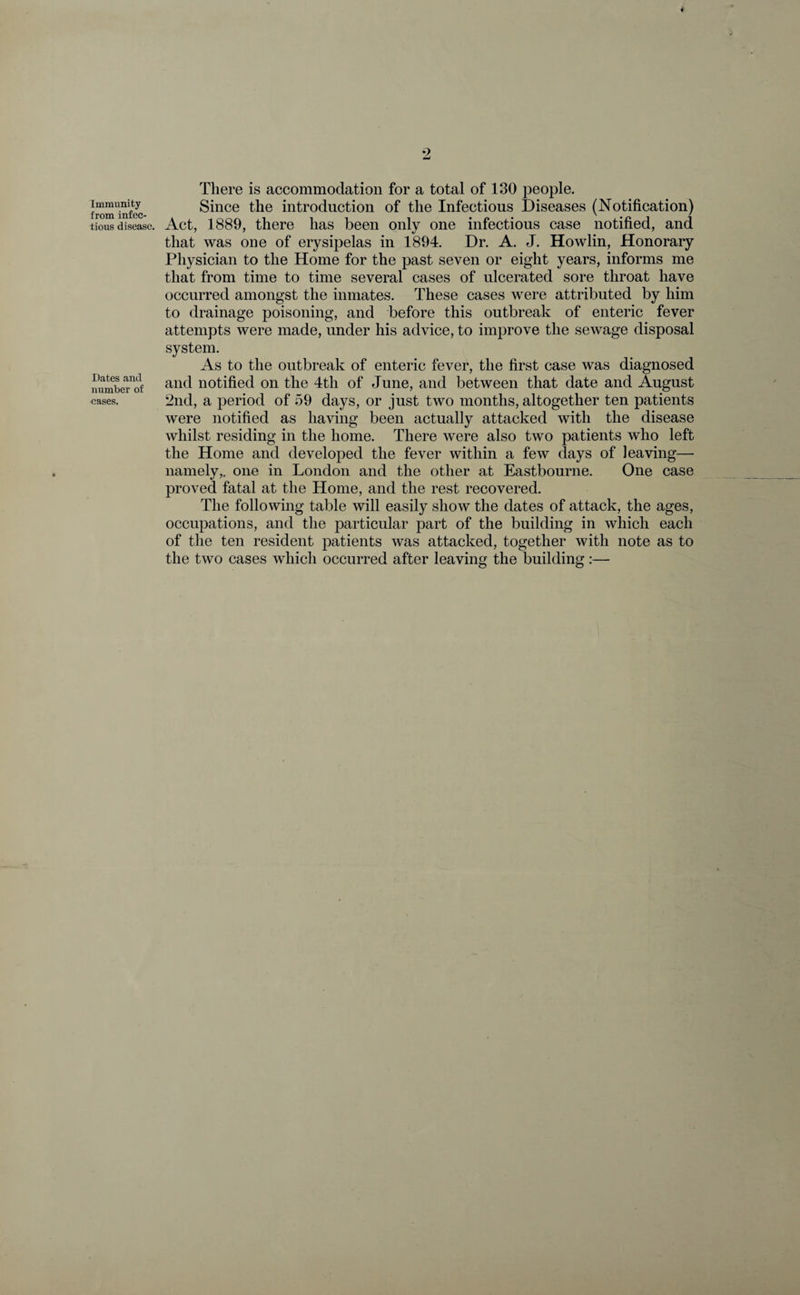 Immunity from infec¬ tious disease. Dates and number of cases. There is accommodation for a total of 130 people. Since the introduction of the Infectious Diseases (Notification) Act, 1889, there has been only one infectious case notified, and that was one of erysipelas in 1894. Dr. A. J. Howlin, Honorary Physician to the Home for the past seven or eight years, informs me that from time to time several cases of ulcerated sore throat have occurred amongst the inmates. These cases were attributed by him to drainage poisoning, and before this outbreak of enteric fever attempts were made, under his advice, to improve the sewage disposal system. As to the outbreak of enteric fever, the first case was diagnosed and notified on the 4tli of June, and between that date and August 2nd, a period of 59 days, or just two months, altogether ten patients were notified as having been actually attacked with the disease whilst residing in the home. There were also two patients who left the Home and developed the fever within a few days of leaving— namely,, one in London and the other at Eastbourne. One case proved fatal at the Home, and the rest recovered. The following table will easily show the dates of attack, the ages, occupations, and the particular part of the building in which each of the ten resident patients was attacked, together with note as to the two cases which occurred after leaving the building :—