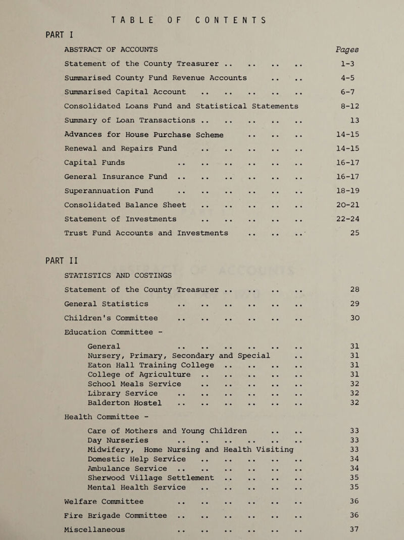 TABLE OF CONTENTS PART I ABSTRACT OF ACCOUNTS FageS statement of the County Treasurer .. .. .. .. 1-3 Summarised County Fund Revenue Accounts .. .. 4-5 Summarised Capital Account . .. .. 6-7 Consolidated Loans Fund and Statistical Statements 8-12 Summary of Loan Transactions . . . . . 13 Advances for House Purchase Scheme •. .• .. 14-15 Renewal and Repairs Fund . . . 14-15 Capital Funds . . . 16-17 General Insurance Fund . . .. . .. 16-17 Superannuation Fund .. .. .. .. .. .. 18-19 Consolidated Balance Sheet .. .. 20-21 Statement of Investments .. . . 22-24 Trust Fund Accounts and Investments .. .. .. 25 PART II STATISTICS AND COSTINGS Statement of the County Treasurer . . . 28 General Statistics . .. .. 29 Children's Committee .. .. .. .. .. .. 30 Education Committee - General . . . . . 31 Nursery, Primary, Secondary and Special .. 31 Eaton Hall Training College. . . 31 College of Agriculture . 31 School Meals Service . . .. . 32 Library Service .. .. . 32 Balderton Hostel . . .. . 32 Health Committee - Care of Mothers and Young Children .. .. 33 Day Nurseries . . . 33 Midwifery, Home Nursing and Health Visiting 33 Domestic Help Service .. .. .. .. .. 34 Ambulance Service .. .. .. . . . . . . 34 Sherwood Village Settlement .. 35 Mental Health Service .. .. .. .. . . 35 Welfare Committee .. .. . . 36 Fire Brigade Committee ., .. .. .. .. .. 36 Miscellaneous 37
