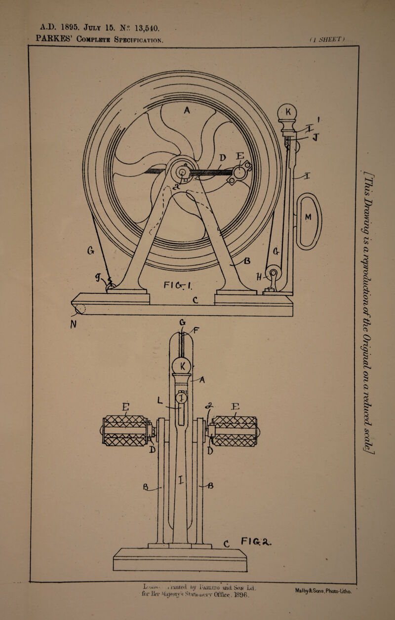 A.l). 1895. July 15. N.°. 13,540. PARKES' Complete Specification. (i sheet) FI \ nunted hy I.'-akiuto md Sou Lei. for Her 'MAie.s'Tvq Stark .uerv Office. 1898. Malby&Sons, Photo-Litho. / This Drawing is a reproduction of the Original on a reduced scale]