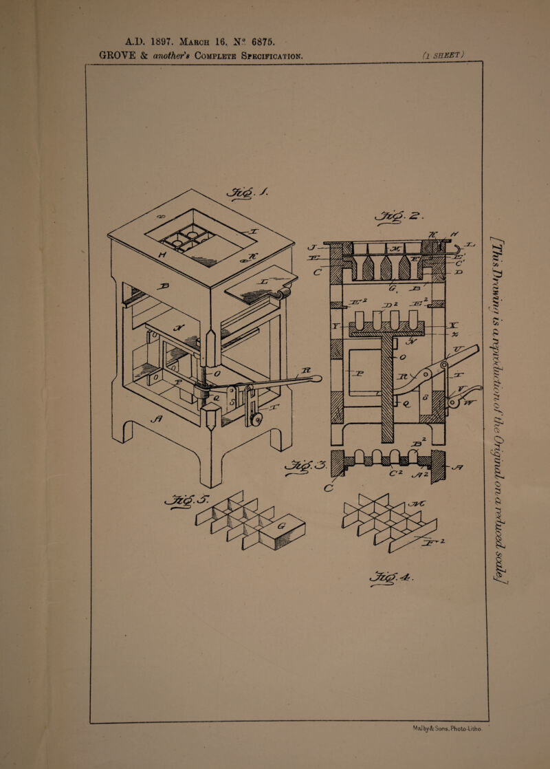 A.D. 1897. March 16, N° 6875. GROVE & another'» Complete Specification. (l SHEET) Mai by<k$ons. Photo-litho. [This Drama a is a repixic luetic >n of the Original on cl reduced scaleJ
