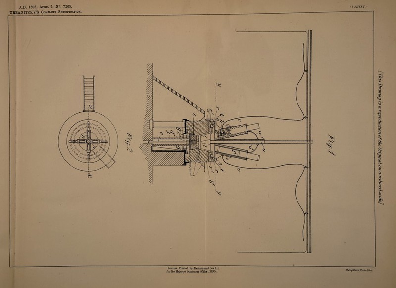 A.D. 1895. April 9. 72G5. URBANITZKY’S Complete Specification. (1 SHEET) London.-Printed, bj Habung and Son LcL for Her Majesty's Stationery Office . 1395. Mai by^Sons, Photo-Utbo. / This Drawing is a reproduction of the Original on a reduced scale]