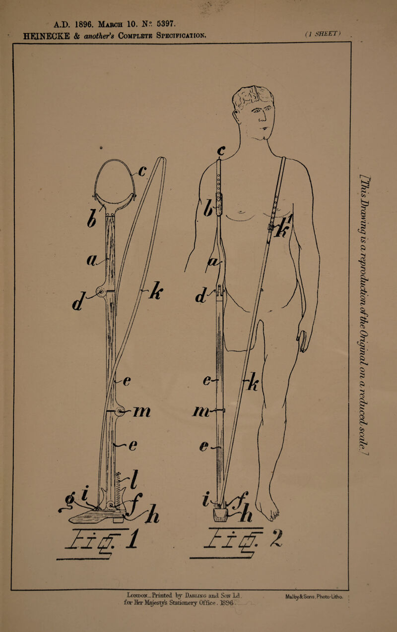HEINECKE & another's Complete Specification. (1 SHEET) MaJ by&Sons. Photo-Litho. London.. Printed by Darling and Son Ld. for Her Majestys Stationery Office. 1896. [This Drawing is a, reproduction of the Original on cl vccbuced scale.