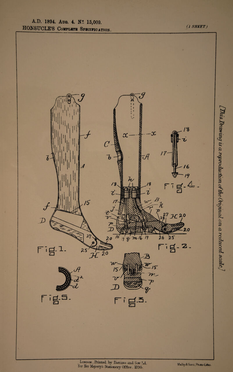 HONSUCLE’S Complete Specification. (1 SHEET) I London.. Printed by Darling and Son Ld. for lier Maiestys Stationery Office. 1895. Son s, Ph oto -Litho. [This Drawing is <x reproduction of die Original on a reduced scale]