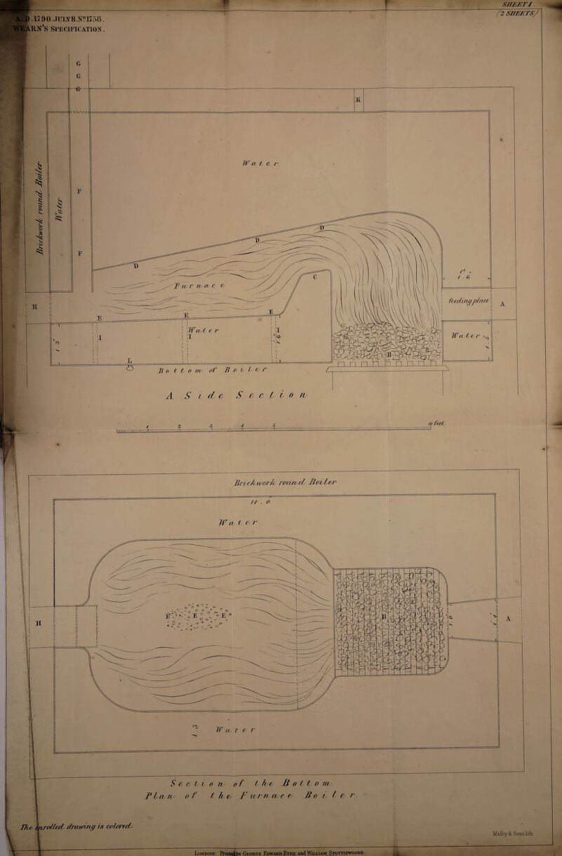 .17 90. JTTLY8 Jf?l758. AVEARiV’S Sl’ECII'K'ATlON . SHEET/ /2 SHEETS^ Brickwork roarvd Fooler W cc t e- j Thr S e c t i o n of t h e- Bottom Than/ of the/ Furncuce/ Boil & r draiei/u/ is colored/. London Hrintedby George Edward Eyre and Wii.uam Spottiswoodf. Malby &. SonsEtk