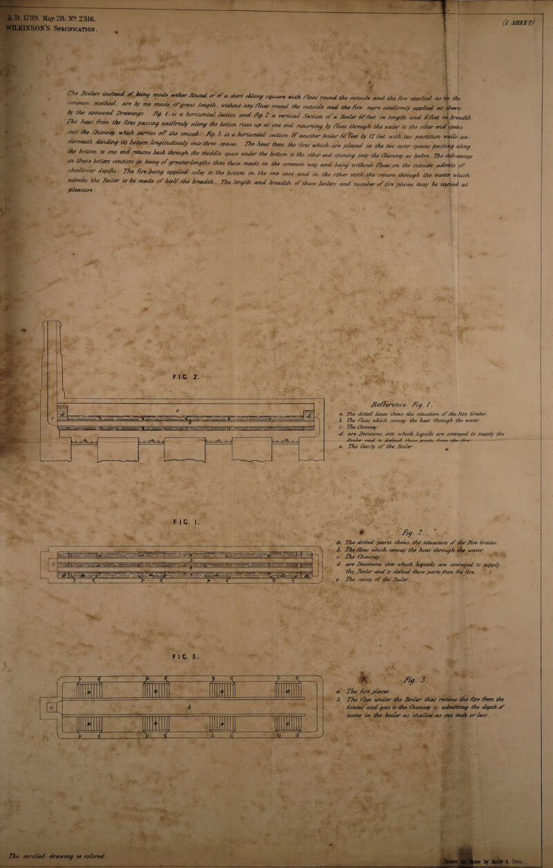 A.I). 1799. May 28. N° 2316. WILKINSONS Specification. f (l SEE IT) * V \ I /T,, Btrdem instead <f being made eUher <r ^ * short oblong squnre wish, p,Ms ^ <«*** W 4** ^ w ^ m£t/ud; *” * ™ W* 0/'9™<' «*yOu« round, the outsit** and, the, /*». ^ applied, as hewn t ** “W ^ / w *tt» and, Jtf.g.eu vetttcai, Seetiem of* Boiler 60 feet in length and 6feet *3 bread* W frflm tAr uniformly along the bottom rises up at one end returning by fines through its water is the, oiler endipens mts the Chimney which carries off the smooth. Jig. 3. is a, horioontaZ section, of another boiler 60 fed by iZ feet with two partition, Wads un¬ derneath, dividing its bottom longitudtnaiy into Owes spares. The- heat than, the fees which, are placed in the boo outer spares passing along the bottom, to cne, end. returns back through the. middle space under the bottom, to the other end opening into the ihimney as- before. The advantage in these boilers consists in, being of greater-Lengths then, those, made in, the common, way and being without flues on, the outside, adrrkls 0f shallower depths. The fire being applied sole), to the, bottom, in, the, erne case and in, the other with the return, through the water which admits the Boiler to be made ot half the breadth. The length and breadth of these bailees and■ number of fire pluses may he varied at pleasure . 7io,ffe,retu,e Fig. 1. а. The dotted lines shews the situation of the Tire Grates. б. The- flues which convoy the, heal through, the water- c. The Chimney. d. are, divisions, into which liquids are convoy ed to supply the JSerfZ^r- srreeJ **' eZ-w/eisrrf lJtte\pe> j&aam&r fr^errt /eo~*o. e. The Cavity of the Toiler . F 1 C. 1. 0 Fitj. Z. eh. The dotted parts shews the situation of the hire Grates, b. The hues which amvay the heat through the water, c The Chimney. d, are. Divisions into which liquids are convoyed to supply the Seder and to deferui those parts from the tire. e. The, cavity of the, Toiler, F I C. 3. f > 1 ? % Sit 1 ■ - - f 1 .. . f 4j il tv t l ^ □ b e , . l ——u t'c - ( ,[| V £ A A —A,-i— 4 J*l: Fig. 3. a The fie-e. places. b. The flue under the Boiier that receives the Ore thorn the Grcdes and goes to the Chimney c. admitting the- depth of water iee the boiier as shadow as one inch or less. <v *. Drawn cm Stone ty Malty L Sons The enrolled drawing is eslored, .