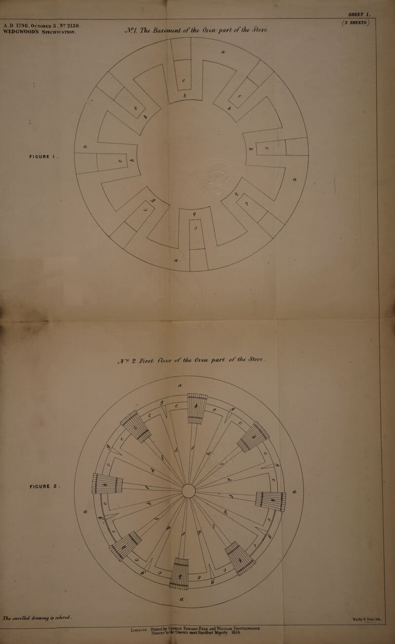 A.D. 1796 October 3 N? 2139 WEDGWOODS Specification. JV!1. The Basement of the Oven part of the StoVi j\ro Z First floor of the Oven part of the Stove. FICURE 2 . The unrolled drawing is colored. I on don ’JYintodhy George Edward Eyre and Wjrlum Spottxswoode Prin uts to the Queens most Excellent Majesty. 1&5E