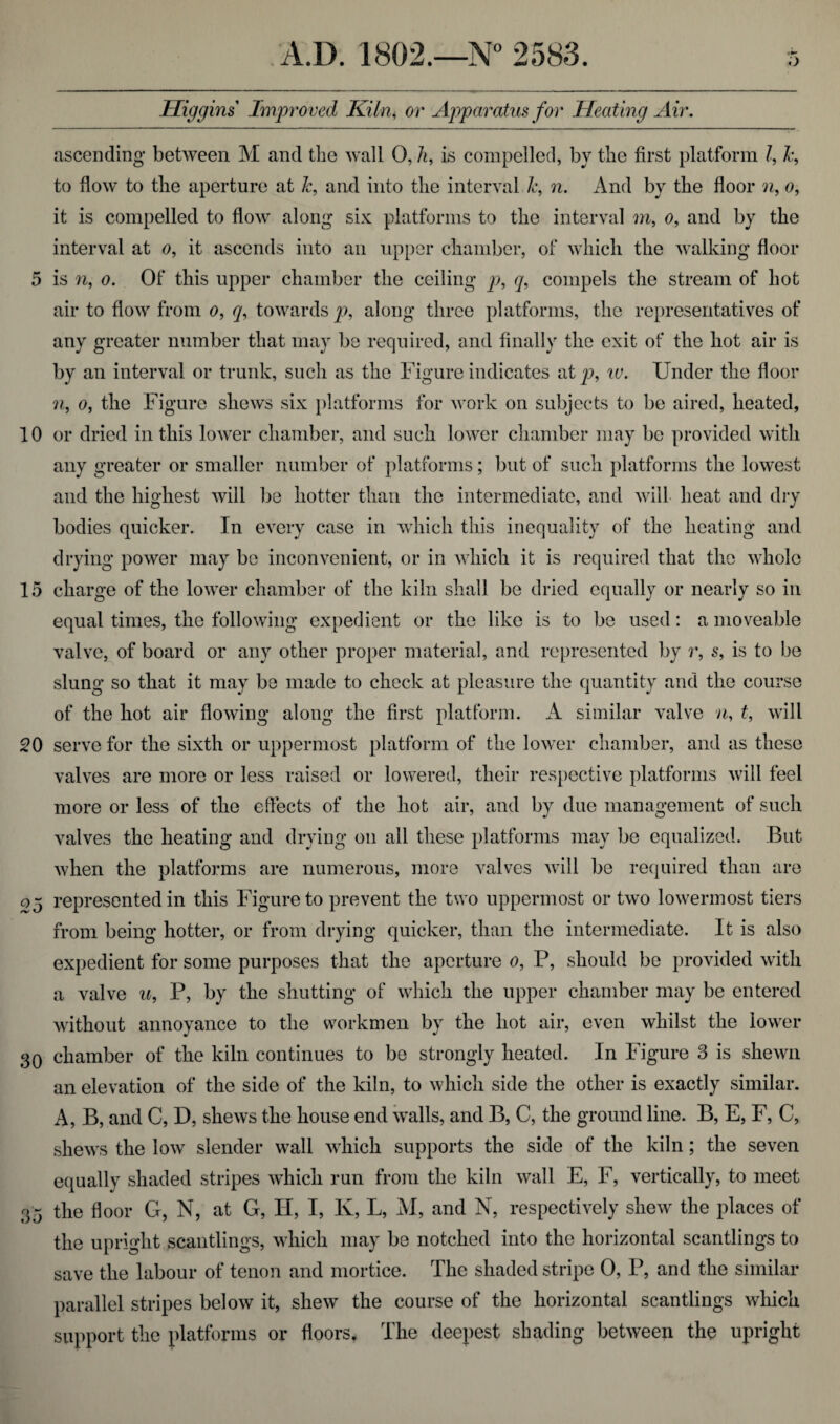 <) Higgins Improved Kiln, or Apparatus for Heating Air. ascending between M and the wall 0, A, is compelled, by the first platform l, 1c, to flow to the aperture at /c, arid into the interval 1c, n. And by the floor n, o, it is compelled to flow along six platforms to the interval m, o, and by the interval at o, it ascends into an upper chamber, of which the walking floor 5 is n, o. Of this upper chamber the ceiling p, compels the stream of hot air to flow from o, q, towards p, along three platforms, the representatives of any greater number that may be required, and finally the exit of the hot air is by an interval or trunk, such as the Figure indicates at p, w. Under the floor n, e, the Figure shews six platforms for work on subjects to be aired, heated, 10 or dried in this lower chamber, and such lower chamber may be provided with any greater or smaller number of platforms; but of such platforms the lowest and the highest will be hotter than the intermediate, and will heat and dry bodies quicker. In every case in which this inequality of the heating and drying power may be inconvenient, or in which it is required that the whole 15 charge of the lower chamber of the kiln shall be dried equally or nearly so in equal times, the following expedient or the like is to be used : a moveable valve, of board or any other proper material, and represented by r, s, is to be slung so that it may be made to check at pleasure the quantity and the course of the hot air flowing along the first platform. A similar valve n> t, will 20 serve for the sixth or uppermost platform of the lower chamber, and as these valves are more or less raised or lowered, their respective platforms will feel more or less of the effects of the hot air, and by due management of such valves the heating and drying on all these platforms may be equalized. But when the platforms are numerous, more valves will be required than are 05 represented in this Figure to prevent the two uppermost or two lowermost tiers from being hotter, or from drying quicker, than the intermediate. It is also expedient for some purposes that the aperture 0, P, should be provided with a valve u, P, by the shutting of which the upper chamber may be entered without annoyance to the workmen by the hot air, even whilst the lower 30 chamber of the kiln continues to be strongly heated. In Figure 3 is shewn an elevation of the side of the kiln, to which side the other is exactly similar. A, B, and C, D, shews the house end walls, and B, C, the ground line. B, E, F, C, shews the low slender wall which supports the side of the kiln; the seven equally shaded stripes which run from the kiln wall E, F, vertically, to meet 35 the floor G, N, at G, H, I, K, L, M, and N, respectively shew the places of the upright scantlings, which may be notched into the horizontal scantlings to save the labour of tenon and mortice. The shaded stripe 0, P, and the similar parallel stripes below it, shew the course of the horizontal scantlings which support the platforms or floors. The deepest shading between the upright