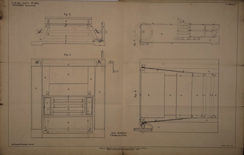 A.D. 1815. JanT 6 . N? 3873 CUTTLER S Specification . (l SHEET.) Fig. 2. 18 „ 1=0 Scale throughout 2 Inches tv a Foot/. Vie/ Enrolled/ Drawing is colored. Malby & Sens. lath.. London: Printed by George Edward Eyri; and William Spottiswoode