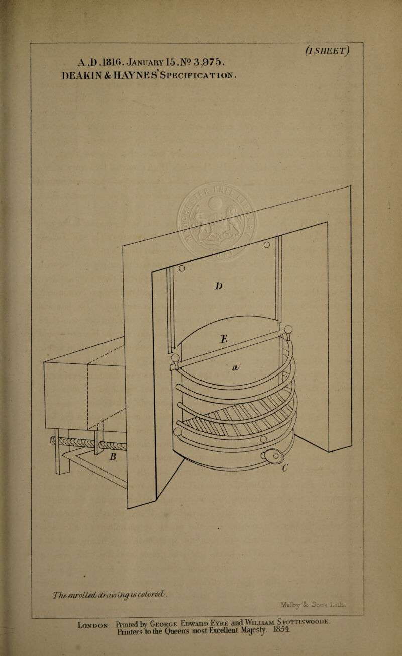 DEAKIN Sc HAYNE s’Specificat ion. (j sheet) Thr airotle<L drawing is colored./, Malby Sons Litli. London Printed by George Edward Eyre and William Spottiswoode Pouters to the Queens most Excellent Majesty lbd±