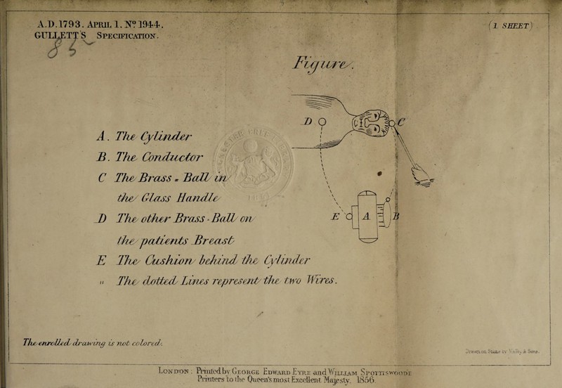 A.D. 1793. April 1.2*? 1944. GULLET^ S Specification. L,m Fti .awres. \\ '' L / /. \ ^4. The Cylinder B. The Conductor C The Brass = Bad in tize' Glass Handle D The other Brass - Bad on V' v ■ ji ' I i»vfl the patients Bresist E The/ Cushion/ behind' the Cylinder a The dotted Lines represent the two Hires E 'C Th/ enroUfd cb-OM'uruj is 7Wt colored*. Lon Eton; Printed by George Edward Lyre and William Spoteiswoode Printers to the Queen’s most Excellent Majesty. 1856. (1 sheet) . Drawn on 8 tune ov ';tTov S Sons.