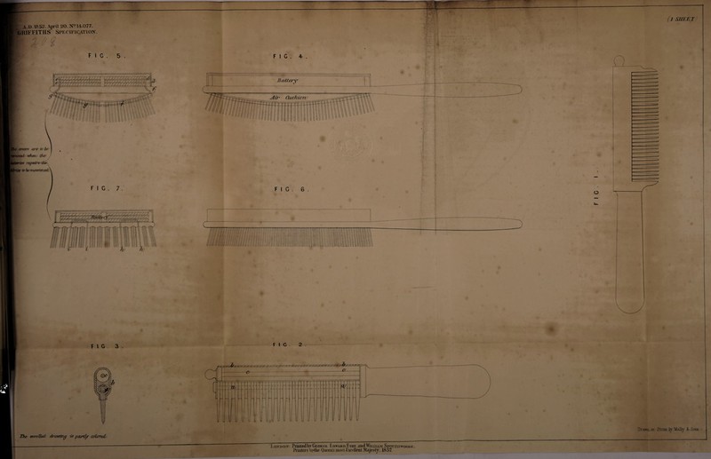 (l SHEET A.!)• 1852. April 20. NP1*4.077. GRIFFITHS Specification. Hi si /' /  FIG. 5 . tuu v 1 V. c i c r i c v c i i i m n i t i t it t c'.. r < <■ m '.u'.'.u’au r\A\ 7 • / /////// '7/ tv - — . ,/ : k r7-mj / r / u u 11 <>!’ 1 /J U J ////;////j////n IV 7/ fTTTf/jffi 7/l! ; - The covets are' to be ' where the 6 rupurethe r to benwietmed FIG. 7 FIG 3 The enrvUcdj drawing id partly COlcrtcU. P FIG. 4 r t- •i , ■ „ t ;  /■ r-v.. FIG. 6 . e a F I C -e- ZZ- Ju ill ar w-^ London-. Printedby Gkok ok KdwabdEybk and Wii.ham SromswooDK Printers to-thr Queen's most Excellent Majesty. 1857. Drawn.cm Stone lyMalty & Sons.