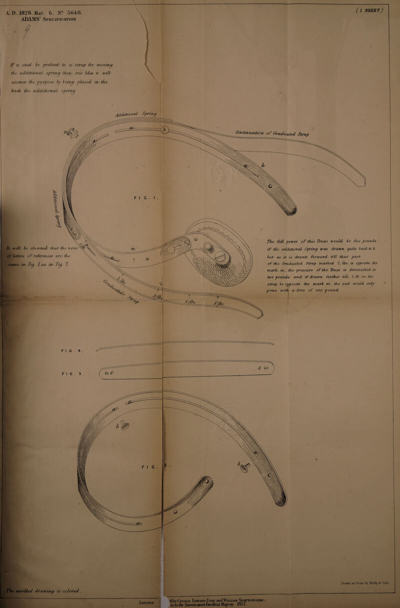 The- enroU-ed drawing is aiored . Drawn on Stone by Mai by & Sane (1 sheet) The- fully power of this Truss would hr fin pounds if ihr adduwruil Spring was drawn, guide back to k but as it, is drawn forward, till that part of die, Graduated- Strap marked 1. lbs. is opposite Hut mark. in.. they pressure- of the Truss is diminished to two pounds and of drawn, ttather till . 1.U<. on- fluty strap be opposite the /nark in.. the- pad- woldd only press with a- force, of one, pound- ADAMS' Specification ■ / I If a. stud- be prefered- to a- strap for mating the additional spring then one like-, n n id answer the purpose, by being glared in the back the addition-al spring Additional. Spring It- will be observed- that: the nates or letters of referenced are the same in-fig. Las in-Fig. Z. (intmu/ilirn of Graduated- Stray at re.. London •dbyGi-.oitcii Ldwahi) Lyhk and Wii.ijam Svottiswoode , as to the Queens most Excellent Majesty. 1857.