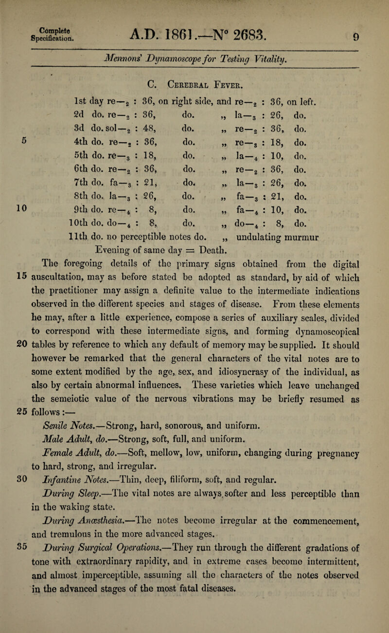 Specification. A.D. 1861N° 2683. 9 Mentions Dynamoscope for Testing Vitality. C. Cerebral Fever. 1st day re—2 : 36, on right side, and re—2 36, on left. 2d do. re—2 : 36, do. 99 la—, 26, do. 3d do. sol—2 : 48, do. 99 re—2 36, do. 4th do. re—2 : 36, do. 99 re—s 18, do. 5th do. re—3 : 18, do. 99 la—4 10, do. 6th do. re—2 : 36, do. 99 re—2 36, do. 7th do. fa—3 : 21, do. 99 la—3 26, do. 8th do. la—3 : 26, do. 99 fa—3 21, do. 9th do. re—4 : 8, do. 99 fa—4 10, do. 10th do. do — 4 : 8, do. 99 do—4 8, do. 1.1th. do. no perceptible notes do. „ undulating murmur Evening of same day = Death. The foregoing details of the primary signs obtained from the digital 15 auscultation, may as before stated be adopted as standard, by aid of which the practitioner may assign a definite value to the intermediate indications observed in the different species and stages of disease. From these elements he may, after a little experience, compose a series of auxiliary scales, divided to correspond with these intermediate signs, and forming dynamoscopical 20 tables by reference to which any default of memory may be supplied. It should however be remarked that the general characters of the vital notes are to some extent modified by the age, sex, and idiosyncrasy of the individual, as also by certain abnormal influences. These varieties which leave unchanged the semeiotie value of the nervous vibrations may be briefly resumed as 25 follows:— Senile Notes.—Strong, hard, sonorous, and uniform. Male Adult, do.—Strong, soft, full, and uniform. Female Adult, do.—Soft, mellow, low, uniform, changing during pregnancy to hard, strong, and irregular. 30 Infantine Notes.—Thin, deep, filiform, soft, and regular. During Sleep.—The vital notes are always, softer and less perceptible than in the waking state. During Anaesthesia.—The notes become irregular at the commencement, and tremulous in the more advanced stages. 35 During Surgical Operations.—They run through the different gradations of tone with extraordinary rapidity, and in extreme cases become intermittent, and almost imperceptible, assuming all the characters of the notes observed in the advanced stages of the most fatal diseases.