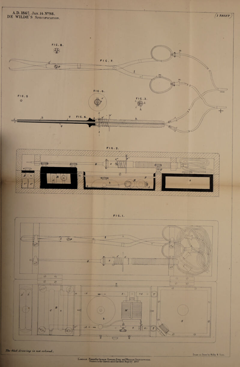 sheetJ A.D.1867. Jan.14..N?98. DE WILDE S Specification. TJi^. filed, drci^virtg vs /tot colored. Loxdojt: ftmiedly GtoKCT. £n'WAHi>Eyke andWiuxvM Spotiiswoodk. Pnaters lothe Queens most ExceBent Ma|estT- J867 Drawn on Stone by Malfcy Jc Sons .