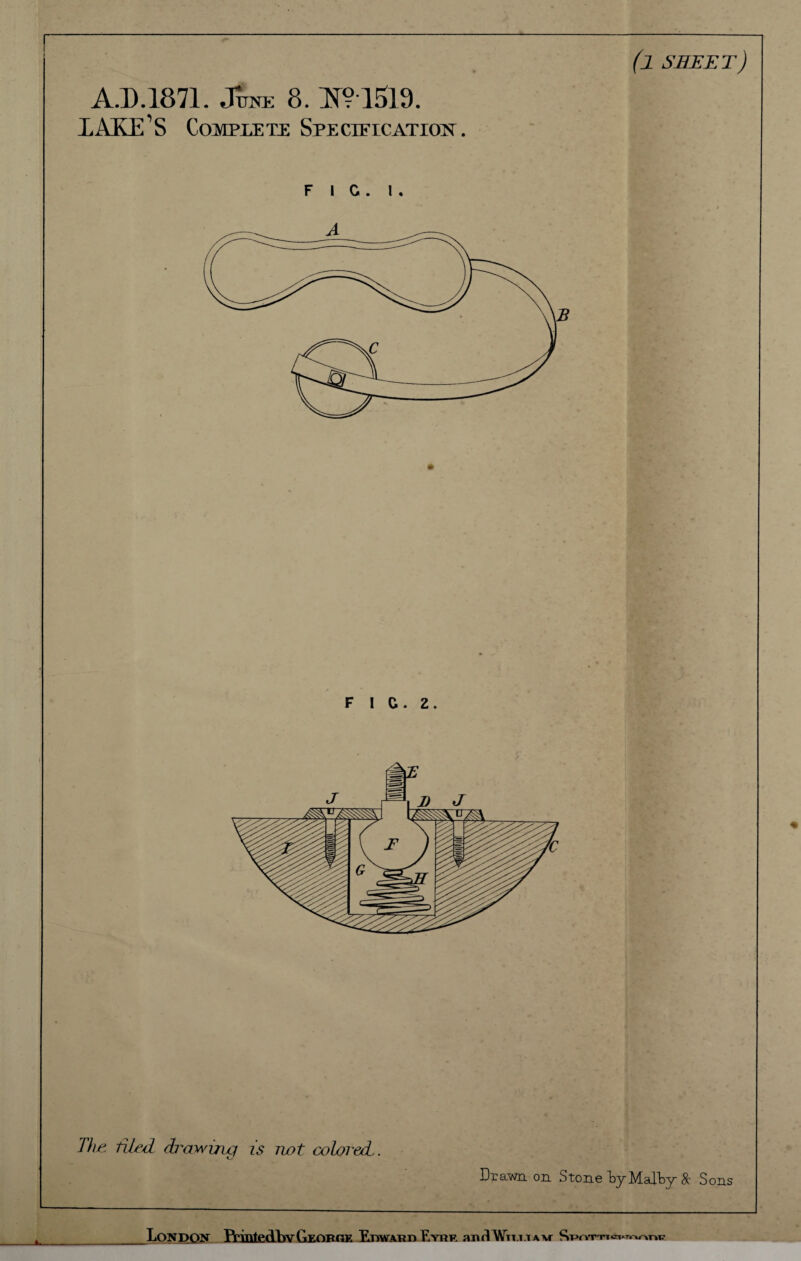 (i sheet) A.D.187L JW 8. ^^91519, lAKE^S COMPLETJE Specificatiois^. FIG. I , F I G. Z. The. tiled drawing is not colored.. Drawn on Stone DyMalDy & Sons LoNDOy TVinfpftEvf^ynTtnv. ErtwrAnn Evrp. ai»<1WTi.i.TA\r f>p*rt'r'rT«!i»rr^T>i7