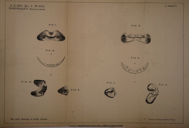 (1 SHEET) A. D. 1871. Dec. 1. !N?-3257. MGHTmGALE S Specification. FIC. I . FI C . 5. The tiled drawing is parti)' colored. Drawn on Stone.by Malby & Sons