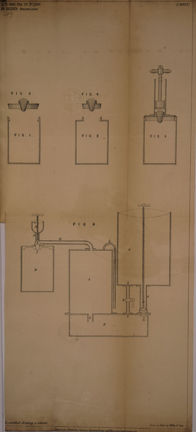 (J SHEET.) I'D. 1810. Feb. 26.^ 3,310. DE HEINES Spe(3fic\ttoit. FI G . 3 FI C . 4 . ! Se ewvl/acL t/ram/ig w c^lareHy J.oyDQ^ffoiitnl I,v GfqjyiK Ed^am* 1Lv«l aariWi Drawn on Stone by Malby h , Dons niTtvi Svuar TIwua. wvi