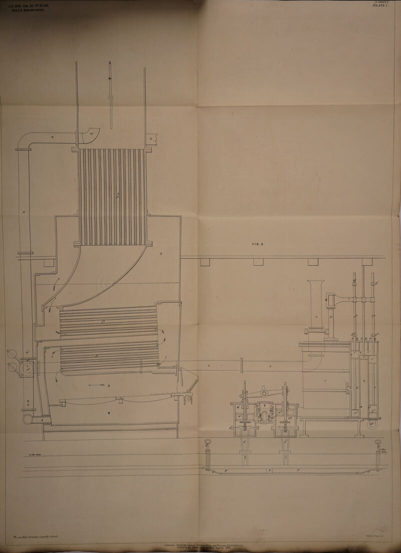 AD. 1845. Feb 20. N°10,531. HALL'S SPECIFICATION. (6 SHEETS) PLATE 1. Thi. cm vlled dratring U patty colored London lYinted tty Gsono.t Kiwakd Eykk and Wn uam Sfottiswoouk I'nnters lotlie Oui-ciimhosi Lvellom Majesty. 1&5L Malb; 5: Sans, iitli