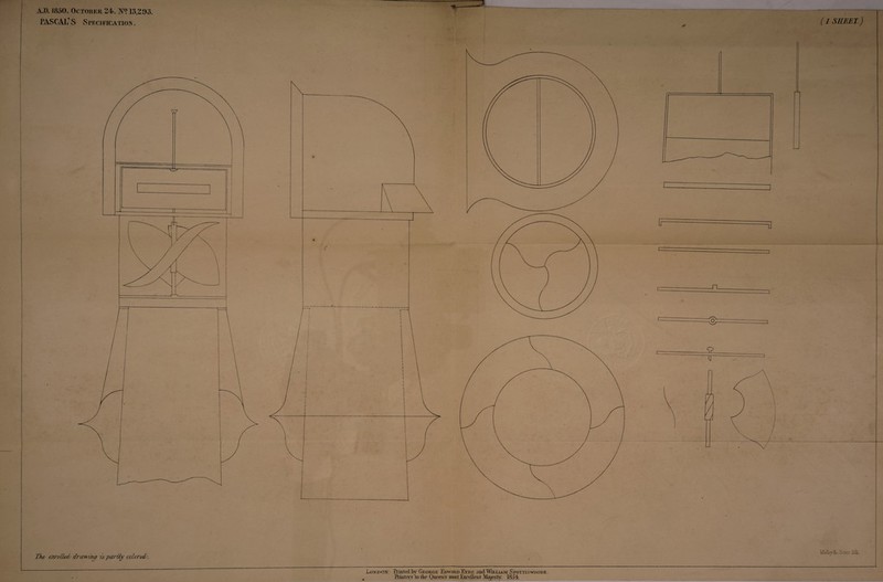 AJ>. 1850. October 24-. N? 13,293. E4SCAL’ S Specieicatioin . ( / SHEET.) 'Due mrvfjE/Jy & awing is parity colored/, Malty 8^ Sans IrfL Lolvdom; Printed by George Edward Eyre and William Spottiswoode. Printers do the Oueejvs most Excellent Majesty. l&J-t