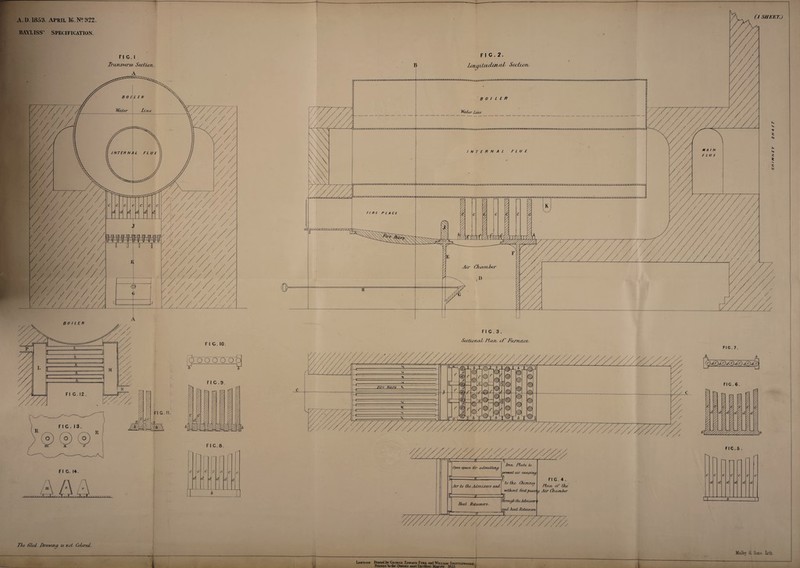 r A.D. 1853. April 16. N? 922. BAYLISS’ SPECIFICATION. FI G. I Transverse- Secturrv. A The filed Drawing is not Colored. FI C . 3 . Sectioned Flare cF Furnace,. Fic.7. __* FIG.6. ®1 g 1 % ® I ^ i n i I V, I M\A t, \A 1^,0 ^ .ta wwrww X i g g g / // jL 7 FIC.5 . '//Dr Open spare, /or admitting ht-n. Plate. Lo prevent air escaping Air to the-Adnums and. to the. Chimney without, first passo ij Alt’ Chamber Heat Retainers. through, the Admurrr ■ c and- heal Retainers. ft FI C. 4 . Plan of the / vSZ7/, London: Printed .by George Edward Eyre aid William Srottiswoode Printers to die Queen's most Excellent Majesty. 1853. Malby &, Sons. iith