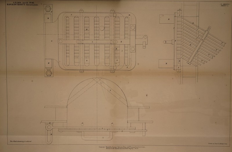 R &W.HAWTHOKN1S Specification. The filed drawing is colored Drawn on Stone tyMalty & Sons (Z SHEETS) SHEET 1. London: R-intedby George Ldward Etbf. and William Spottiswoode,