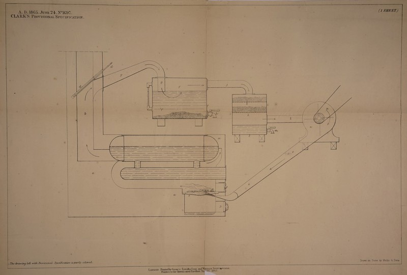 A. 1). 18G5. 2 4. Js®lG97. CLARK’S pRovisioxAL Specification. (1 SHEET) The drawing LeTl ydth 3-cviswruvL SpeciAxaiu^rv ixpariLy colored... DravofL or. Stone tav' Malby 'h. Sons. LondON PniitedbvCv.oHri' 1:yuk .nicl^Vau-VM Si;oti>wy)()iii:. Fruiters lollie (>iieeus most Excellent Na