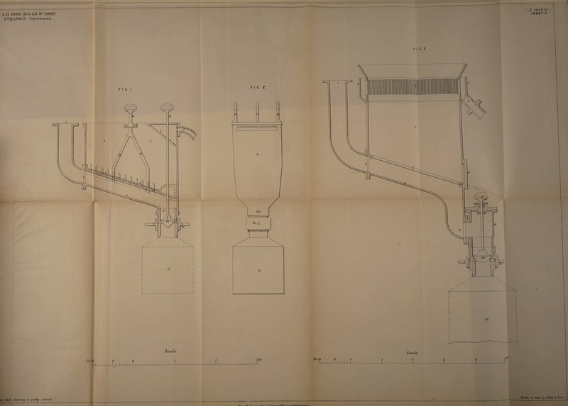 Al). 1808. Aug 28 N° 2667. STRANG’S Specification . F I G . I F I C . 2 In It ^ I I 1 .L Scotia. Z ■}-/i ie filed' drawing is partly colored ( 2 SHEETS SHEET 1 . F I G.3 11 t In n 6' o I i i i i i I i i i ii 1 SoaLe. {L Drawn on Stone Malby 8c Sons