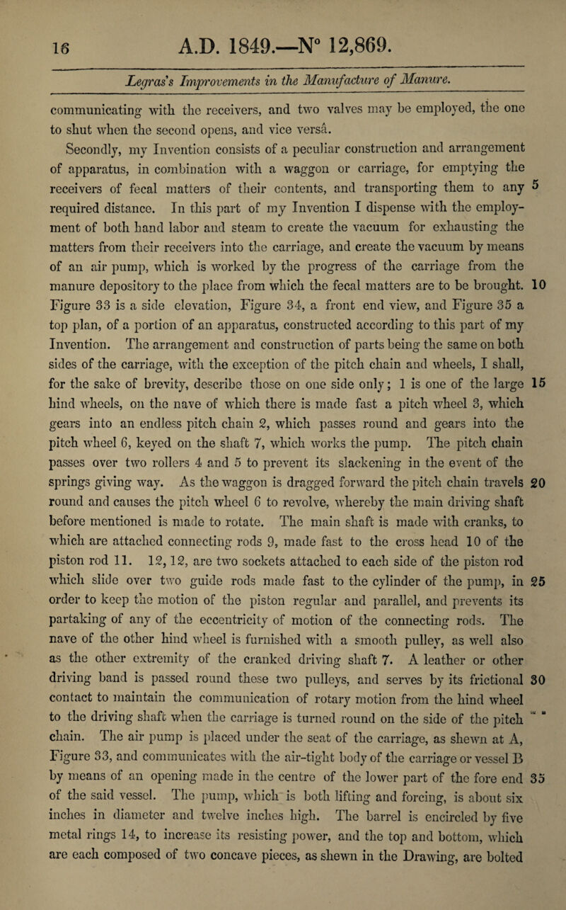 Legrass Improvements in the Manufacture of Manure. communicating with the receivers, and two valves may be employed, the one to shut when the second opens, and vice versa. Secondly, my Invention consists of a peculiar construction and arrangement of apparatus, in combination with a waggon or carriage, for emptying the receivers of fecal matters of their contents, and transporting them to any 5 required distance. In this part of my Invention I dispense with the employ¬ ment of both hand labor and steam to create the vacuum for exhausting the matters from their receivers into the carriage, and create the vacuum by means of an air pump, which is worked by the progress of the carriage from the manure depository to the place from which the fecal matters are to be brought. 10 Figure 33 is a side elevation, Figure 34, a front end view, and Figure 35 a top plan, of a portion of an apparatus, constructed according to this part of my Invention. The arrangement and construction of parts being the same on both sides of the carriage, with the exception of the pitch chain and wheels, I shall, for the sake of brevity, describe those on one side only; 1 is one of the large 15 hind wheels, on the nave of which there is made fast a pitch wheel 3, which gears into an endless pitch chain 2, which passes round and gears into the pitch wheel 6, keyed on the shaft 7, which works the pump. The pitch chain passes over two rollers 4 and 5 to prevent its slackening in the event of the springs giving way. As the waggon is dragged forward the pitch chain travels 20 round and causes the pitch wheel 6 to revolve, whereby the main driving shaft before mentioned is made to rotate. The main shaft is made with cranks, to which are attached connecting rods 9, made fast to the cross head 10 of the piston rod 11. 12,12, are two sockets attached to each side of the piston rod which slide over two guide rods made fast to the cylinder of the pump, in 25 order to keep the motion of the piston regular and parallel, and prevents its partaking of any of the eccentricity of motion of the connecting rods. The nave of the other hind wheel is furnished with a smooth pulley, as well also as the other extremity of the cranked driving shaft 7. A leather or other driving band is passed round these two pulleys, and serves by its frictional 30 contact to maintain the communication of rotary motion from the hind wheel to the driving shaft when the carriage is turned round on the side of the pitch chain. The air pump is placed under the seat of the carriage, as shewn at A, Figure 33, and communicates with the air-tight body of the carriage or vessel B by means of an opening made in the centre of the lownr part of the fore end 35 of the said vessel. The pump, which is both lifting and forcing, is about six inches in diameter and twelve inches high. The barrel is encircled by five metal rings 14, to increase its resisting power, and the top and bottom, which are each composed of two concave pieces, as shewn in the Drawing, are bolted