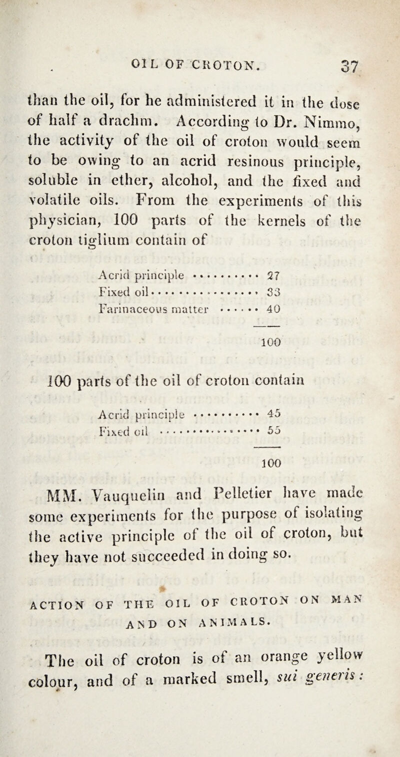 than the oil, for he administered it in the dose of half a drachm. According to Dr. Nimmo, the activity of the oil of croton would seem to be owing to an acrid resinous principle, soluble in ether, alcohol, and the fixed and volatile oils. From the experiments of tins physician, 100 parts of the kernels of the croton tiglium contain of Acrid principle •. • . 2? Fixed oil.* Farinaceous matter • • • • • 0 ^ 100 100 parts of the oil of croton contain Acrid principle .45 Fixed oil .. 55 100 MM. Vauquelin and Pelletier have made some experiments for the purpose of isolating the active principle of the oil of croton, but they have not succeeded in doing so. ACTION OF THE OIL OF CROTON ON MAN AND ON ANIMALS. The oil of croton is of an orange yellow colour, and of a marked smell, sui generis: