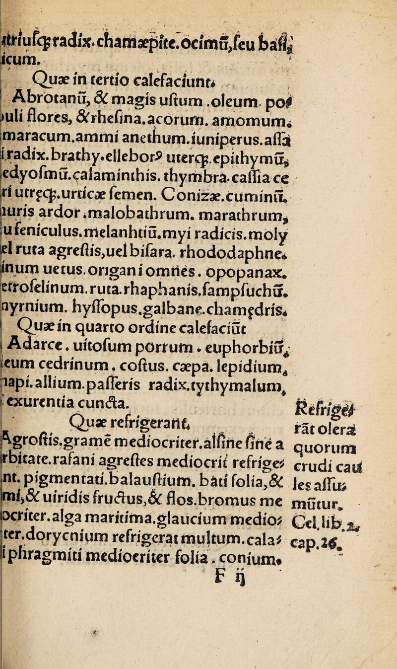 jlfr/ufcg radix. charii*pfcc.6cimu,fcuJbaifii icurn. . Quae in tertio calefaciunt* ! Abrot^nu, 6c magis uftum .oleum, po# >uli flores, &rhefina.acorum. amomum^ maracum.ammi anetiium.iuniperus.aflai iradix.brathy.ellebor^ uterqs.epithymu^ edyofmuxalaminthis. thymbra.caflia ce ,ri utrpcf .urticae femen. Conizae.cumintl puris ardor ^malobathrum, marathrum, jufeniculus.melanhtiu.myi radicis, moly lel ruta agreflis,uelbifara. rhododaphne* linum uetus.onganiomries. opopanax. errofelinum.ruta.rhaphanis.fampfuch£r* ayrnium. hyflopus.galbanexhamfdris* ! Quae in quarto ordine calefaciut Adarcc. uitofum porrum. euphorbiu* cum cedrinum , coftus. caepa. lepidium* napi.alliunxpafieris radix.tythymalum# «urentia eunda. Rtfrim Quae refrigerant rZt oteZ ^groftis.grame mediocriter.aifine Pitie a quorum irbitate.rafani agrefles mediocrit refrige; crudi cat£ nt* pigmentati.balauflium. bati folia^& Jes aflu> uiridis frudus,& flos.bromus me mutur. ocriter.alga maritima.glaucium medio; CeUib ter.dqrycniumrefrigeratmultum.cala; cap.2tf i phragmiti mediocriter folia. conium* 1 ' 1 F n •