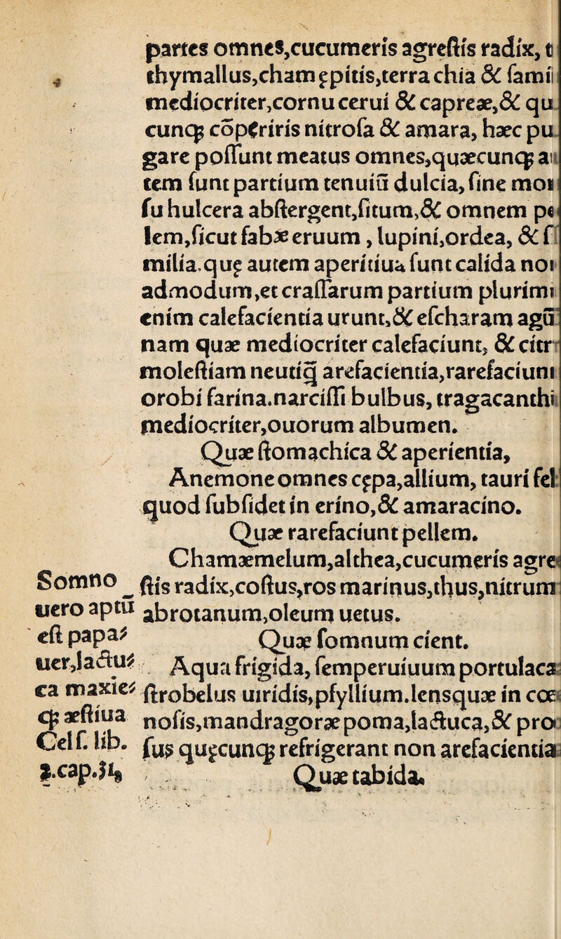 partes omnes,cucumeris agreftis radix, t * thymallus,cham £pitis,terra chia 8C famii tTi€diocriter}cornu cerui 8C capreae, 8C qu cunq? copCriris nitrofa 8c amara, haec pu gare potiunt meatus omnes,qu3ecunq? au tem funt partium tenuiu dulcia, fine moi fu hulcera abftergent,fitum,3C omnem pc lem,ficut fab# eruum, lupinfiordea, 8c f milia,qu£ autem aperiuua funt calida noi admodum jeteraflarum partium plurimi enim calefacientia urunt»& efcharam agu nam quae mediocriter calefaciunt, & citr molefiiam neutiq arefacientia,rarefaciuni orobi farina.narcifTi bulbus, tragacanthi fnedioeriter,ouorum albumen. Quae ftomachica 3C aperientia. Anemone omnes cfpa,allium, tauri fel quod fubfidet in erino,& amaracino. Quae rarefaciunt pellem. Chamaemelum,althca,cucumeris agre Somno ^ ft,*s radix,coftus,ros marinus,thus,nitrum i tieroaptu abrotanum,oleum uetus. e(l papa^ Quae fomnum cient. uer,IaAu* Aqua frigida, femperuiuum portulaca ca maxie* ftrobelus uiridis^fyllium.lcnsquae in coe cj? nofis,mandragorae poma,la&uca,& proi Cei f. lib. qU^cuncK refrigerant non arefacientia fc.cap.Ji3 Quae tabida.