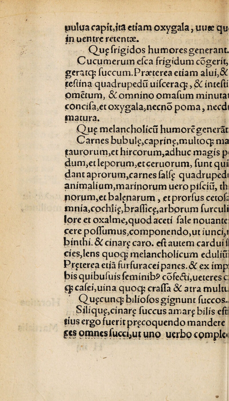 Iiulua capit,ita etiam oxygala, uu«e qu in uentre retentae. A v - • » > Q_u£ frigidos humores generant. Cucumerum eica frigidum cogerit, geratq; fuccum.Praeterea edam aiui,& leftina quadrupedu uifceraq?, 8C intefti pmetum, & omnino omafum minutat condfa,etoxygala>necno poma, necdi piatura. Quf melancholicu humore generat Carnes bubule,caprinpmultoq? ma taurorum,et hircorum,adhuc magis dum,et leporum,eteeruorum, funt quii dant aprorum,carnes falf£ quadrupedi animalium,marinorum ueropifciu, th pprum,et balenarum, etprorfusceto& mrtia,cpchii£,braflic£,arbprum furculi {ore et oxalme,quod aceti fale nouante fere pofllimus,componendo,ut iund,t {ainthi. 8C cinar^ caro, eft autem cardui ii cies,lens quoq; melancholicum eduliu: Pr^terea etia fui furacei pancs.de ex imp bis quibufuis feminibP cofe6h,ueteres c ££ cafei,uina quocf craila SC atra multL Qu^cunq: biliofos gignunt fuccos.. Siliqup,cinarp fuccus aroarp bilis eiti fius ergo fueritprproquendo mandere fts omnes fucci,ut uno uerbo comple»